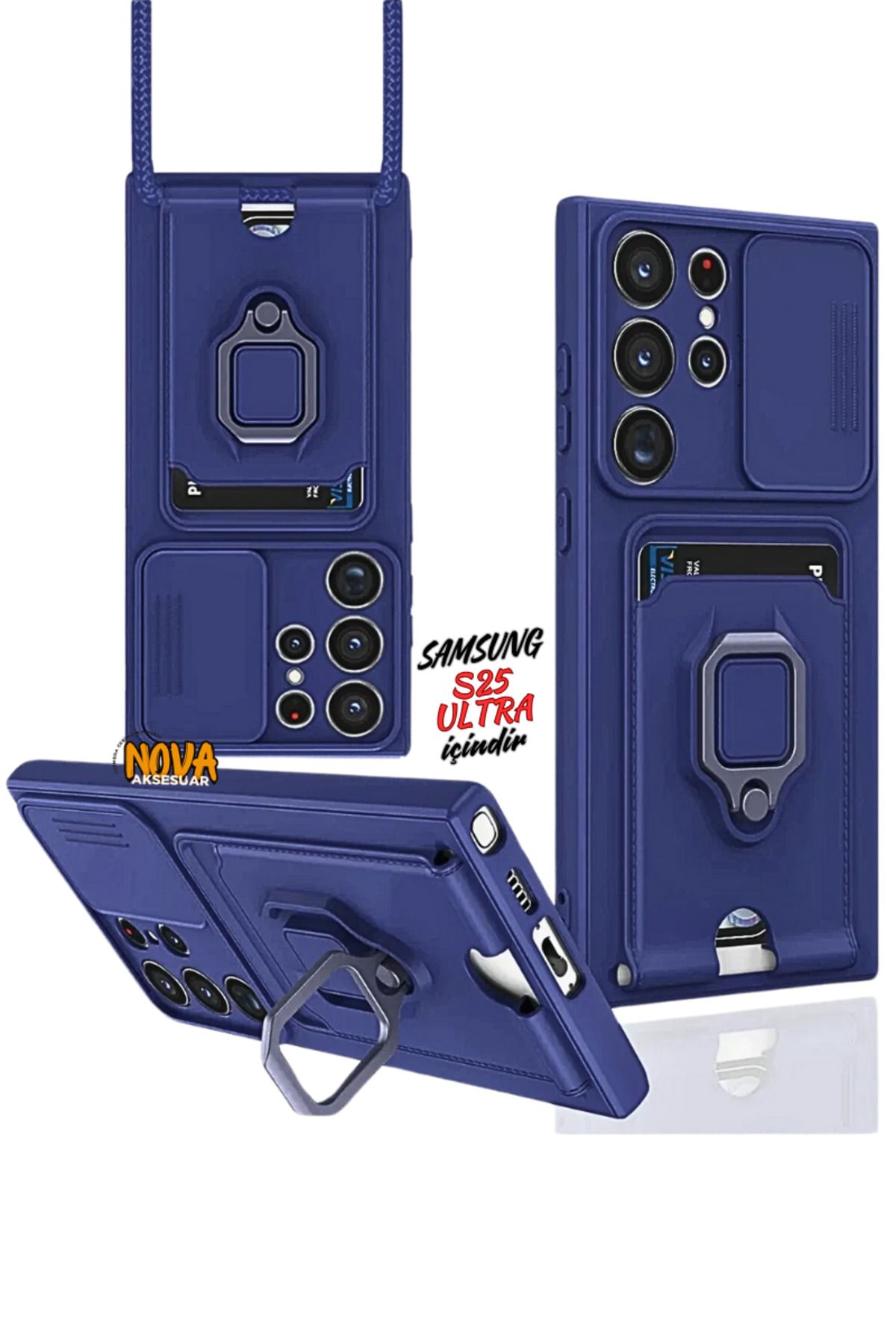 cepmoda SAMSUNG GALAXY S25 ULTRA Boyun Askılı Kılıf | Ring Stand ipli Kamera Sürgülü Kapak - LACİVERT
