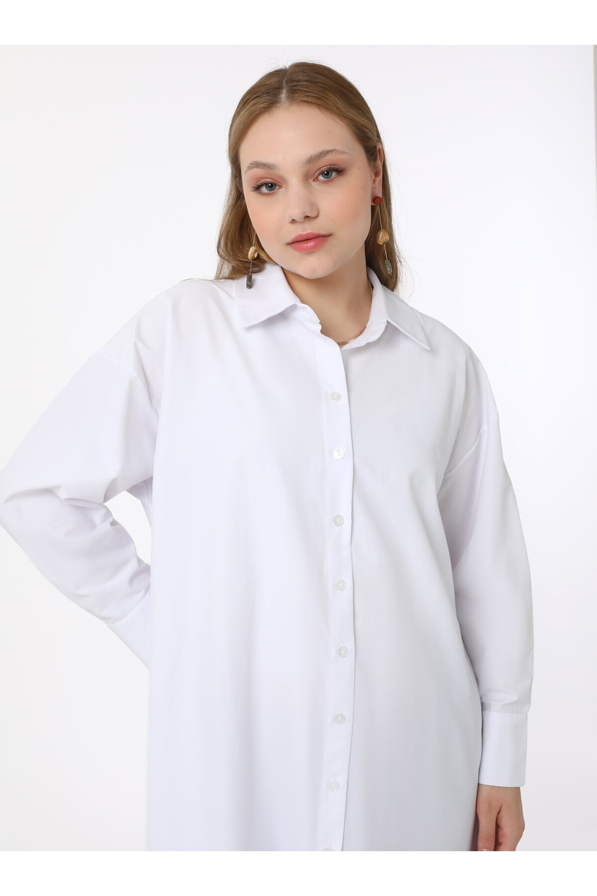ALİA-Βαμβακερό Χιτώνα Ποπλίνα Plus Size - Λευκό - Alia Moda 5