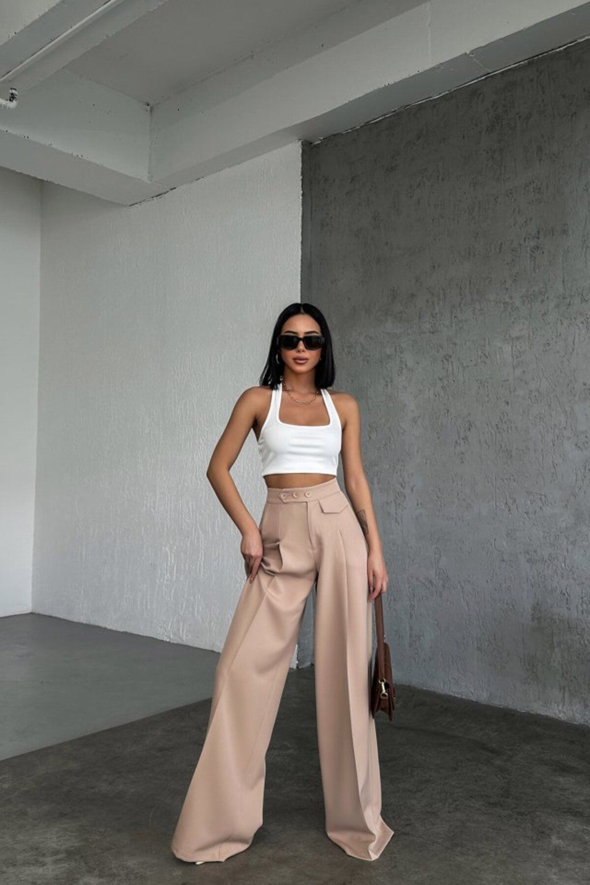 velmorafashion Üç Düğme Detayli Palazzo Pantolon