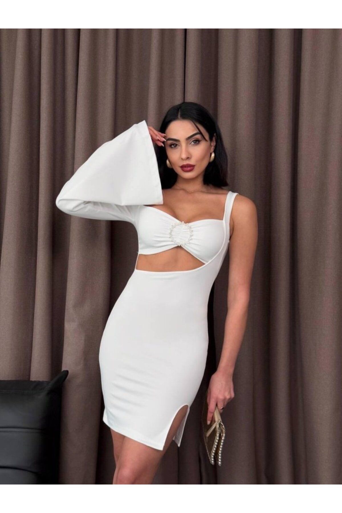 velmorafashion Halka Detaylı Tek Kol Mini Elbise