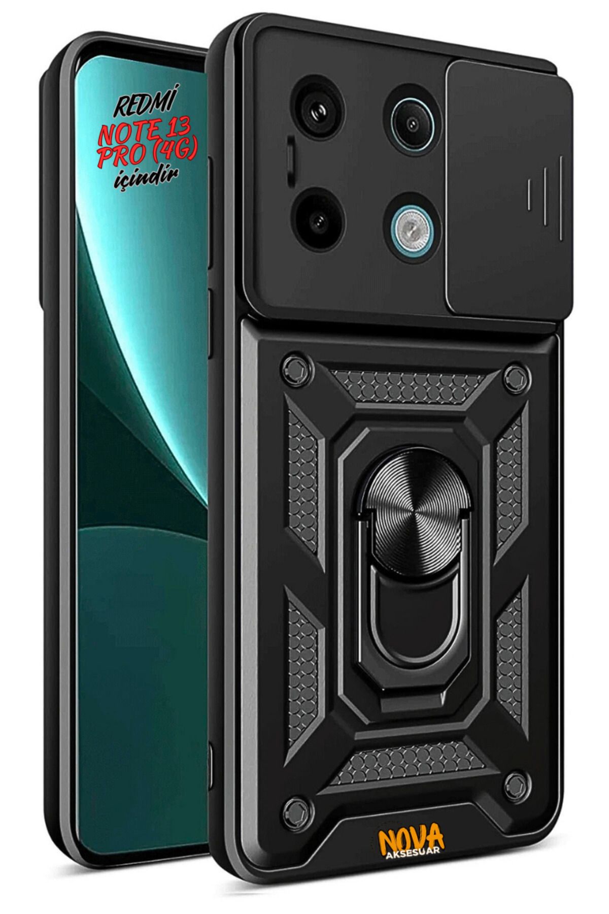 cepmoda XİAOMİ REDMİ NOTE 13 PRO 4G - Panzer/Tank Kılıf-Kapak Kamera Sürgülü Standlı Yüzüklü - SİYAH