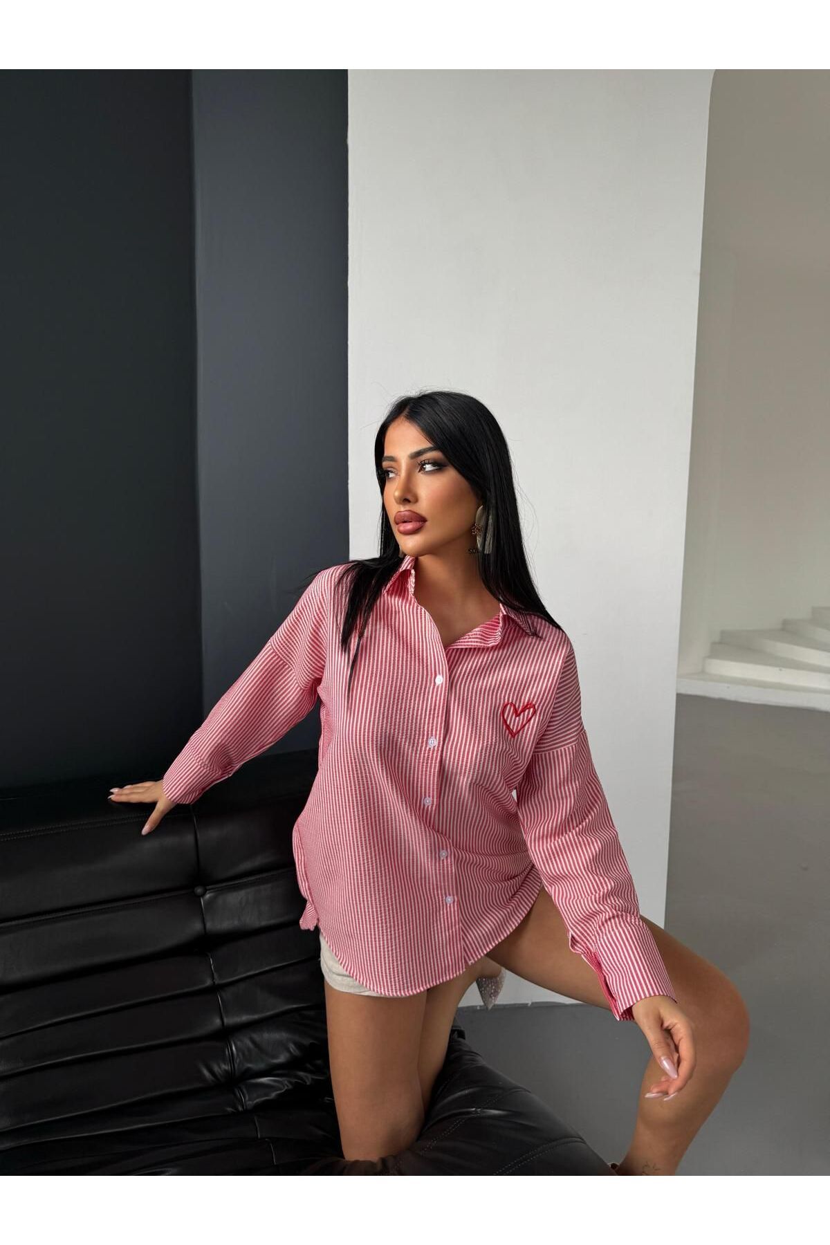 kazarina kadın bordo pembe çizgili oversize gömlek