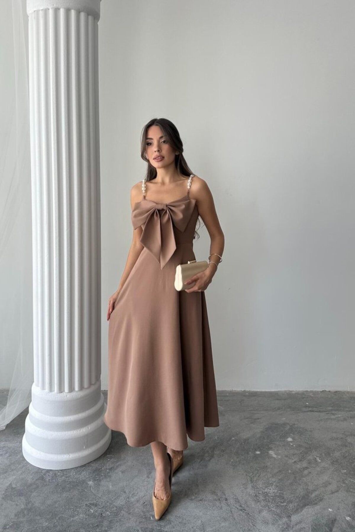 velmorafashion Moccah İnci Askı Detaylı Elbise