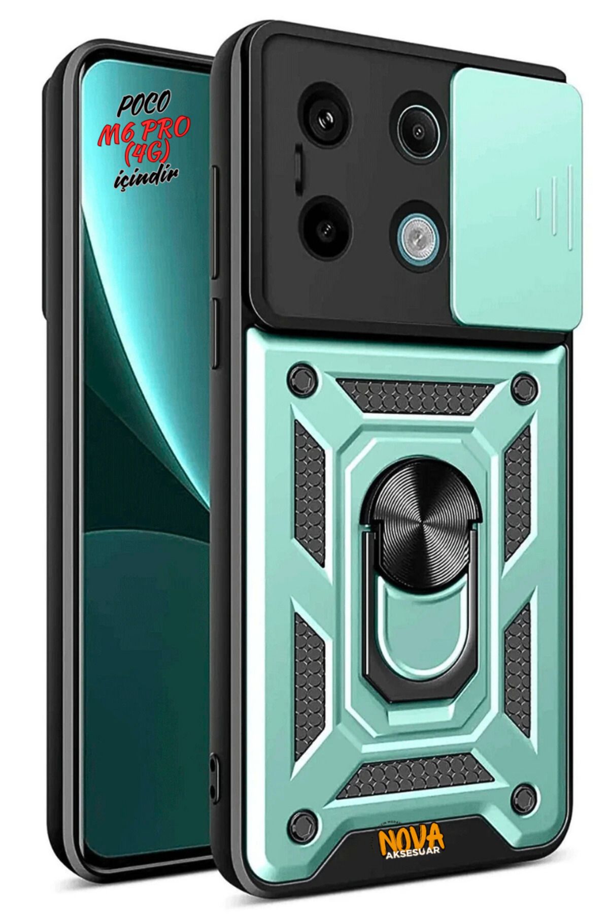 cepmoda XİAOMİ POCO M6 PRO 4G - Panzer/Tank Kılıf-Kapak Kamera Sürgülü Standlı Yüzüklü - YEŞİL