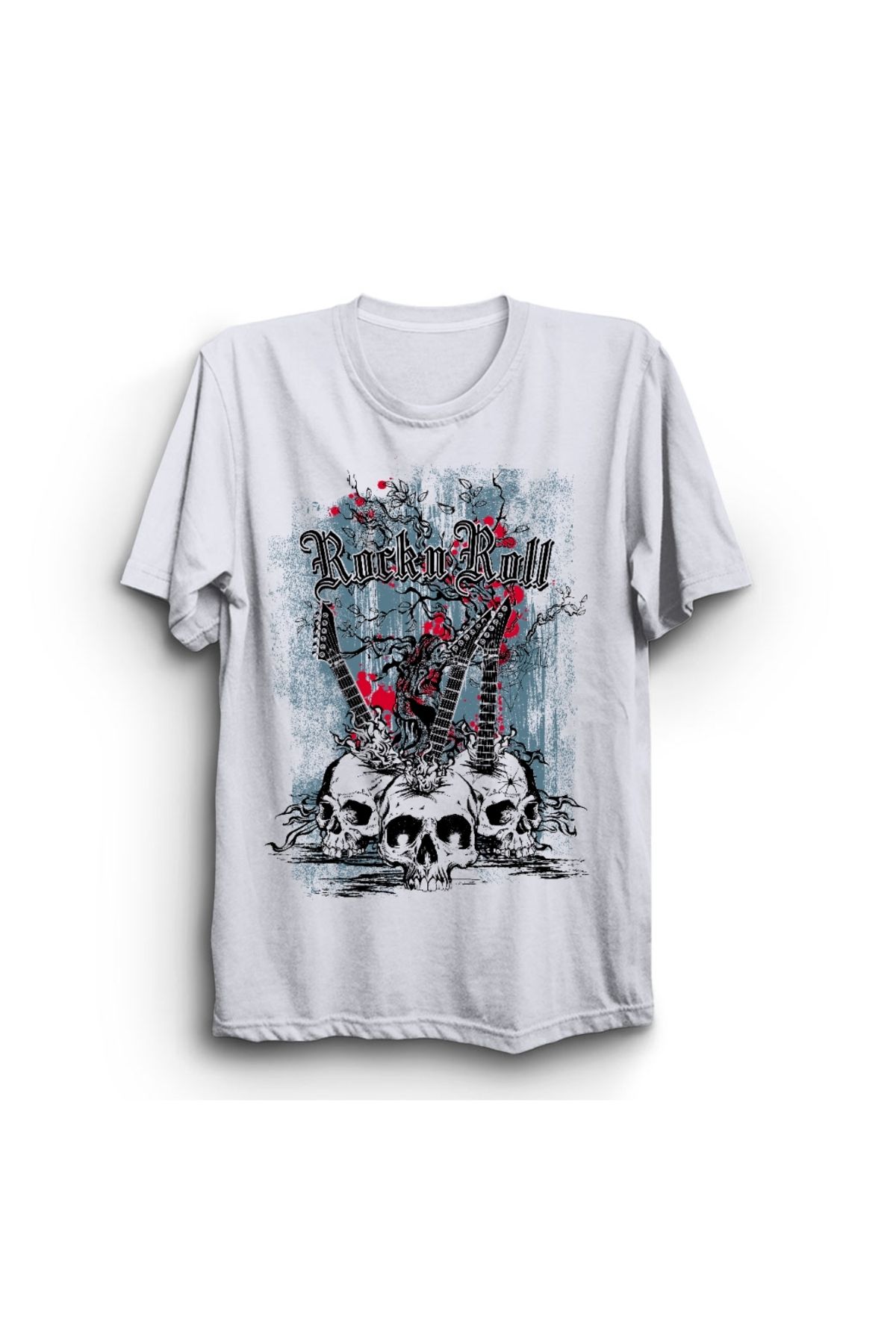 The Fame Rock N Roll, Guitar Stuck in Skulls Baskılı %100 Pamuk Tişört