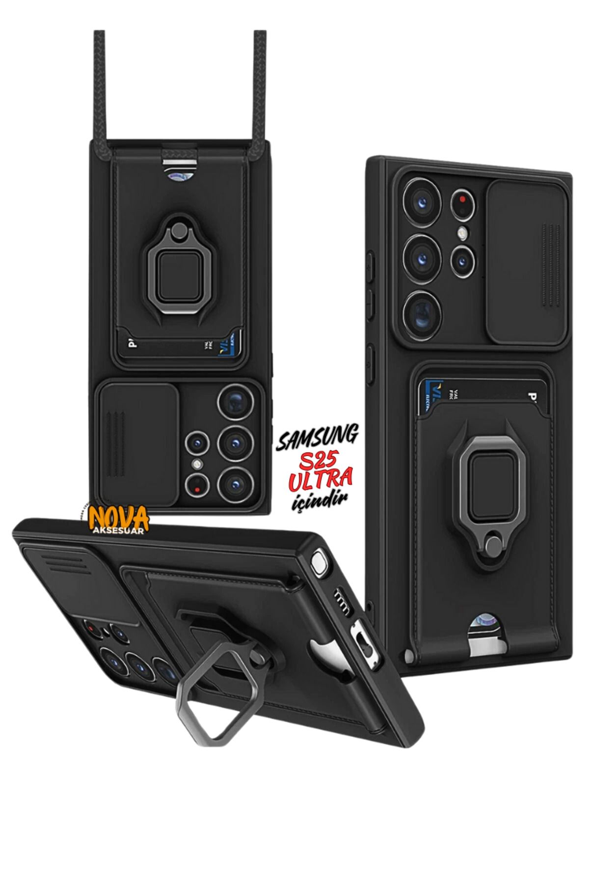 cepmoda SAMSUNG GALAXY S25 ULTRA Boyun Askılı Kılıf | Ring Stand ipli Kamera Sürgülü Kapak - SİYAH