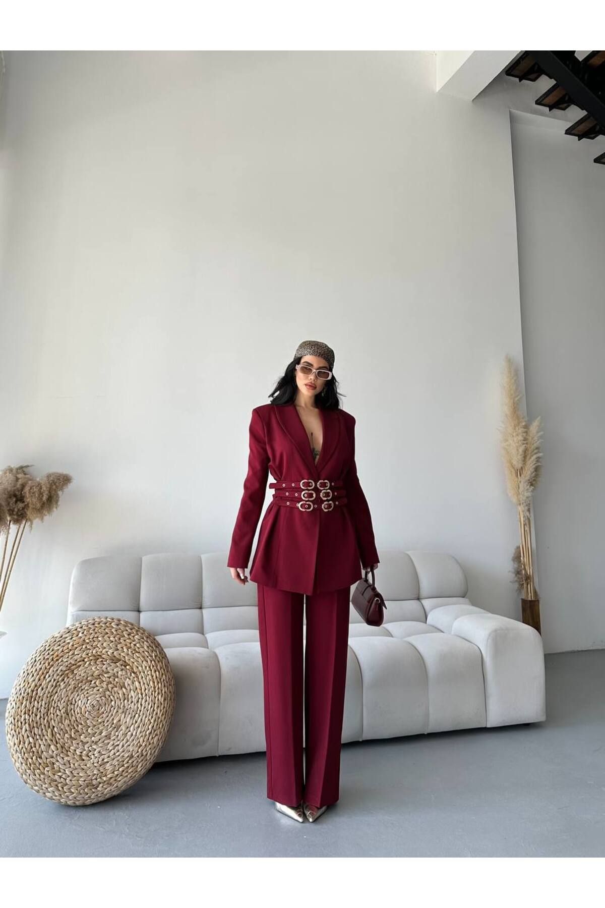 Castivo Fashion Kadın Kuşak Detaylı Oversize Takım Ceket & Pantolon