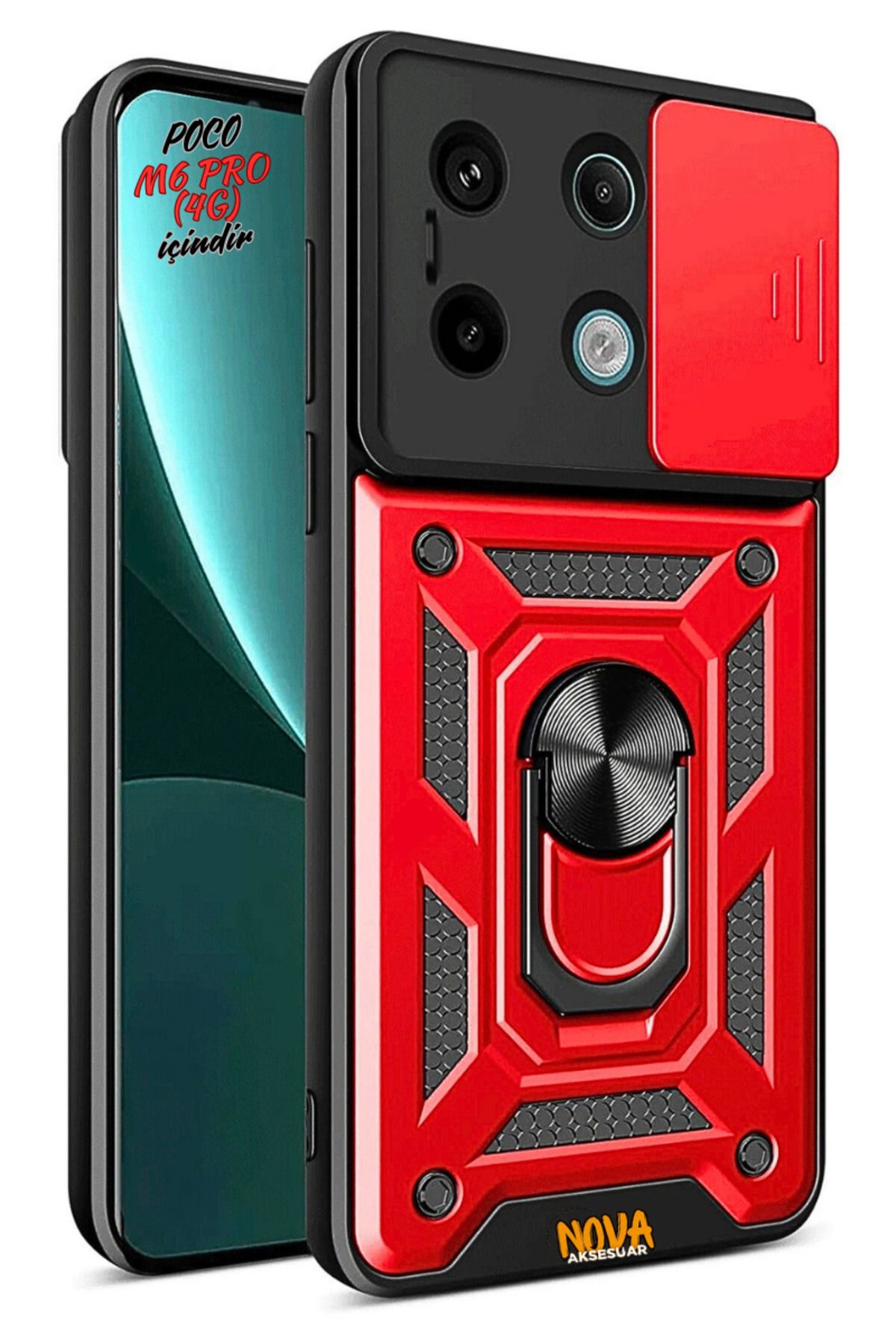 cepmoda XİAOMİ POCO M6 PRO 4G - Panzer/Tank Kılıf-Kapak Kamera Sürgülü Standlı Yüzüklü - KIRMIZI