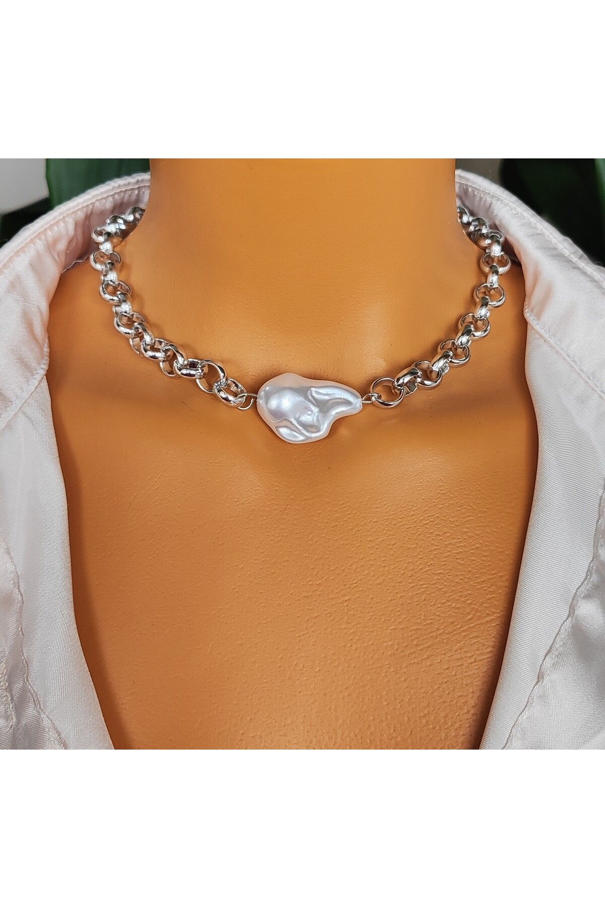 Goşenefmafe Barok İncili Zincir Choker Kadın Kolye
