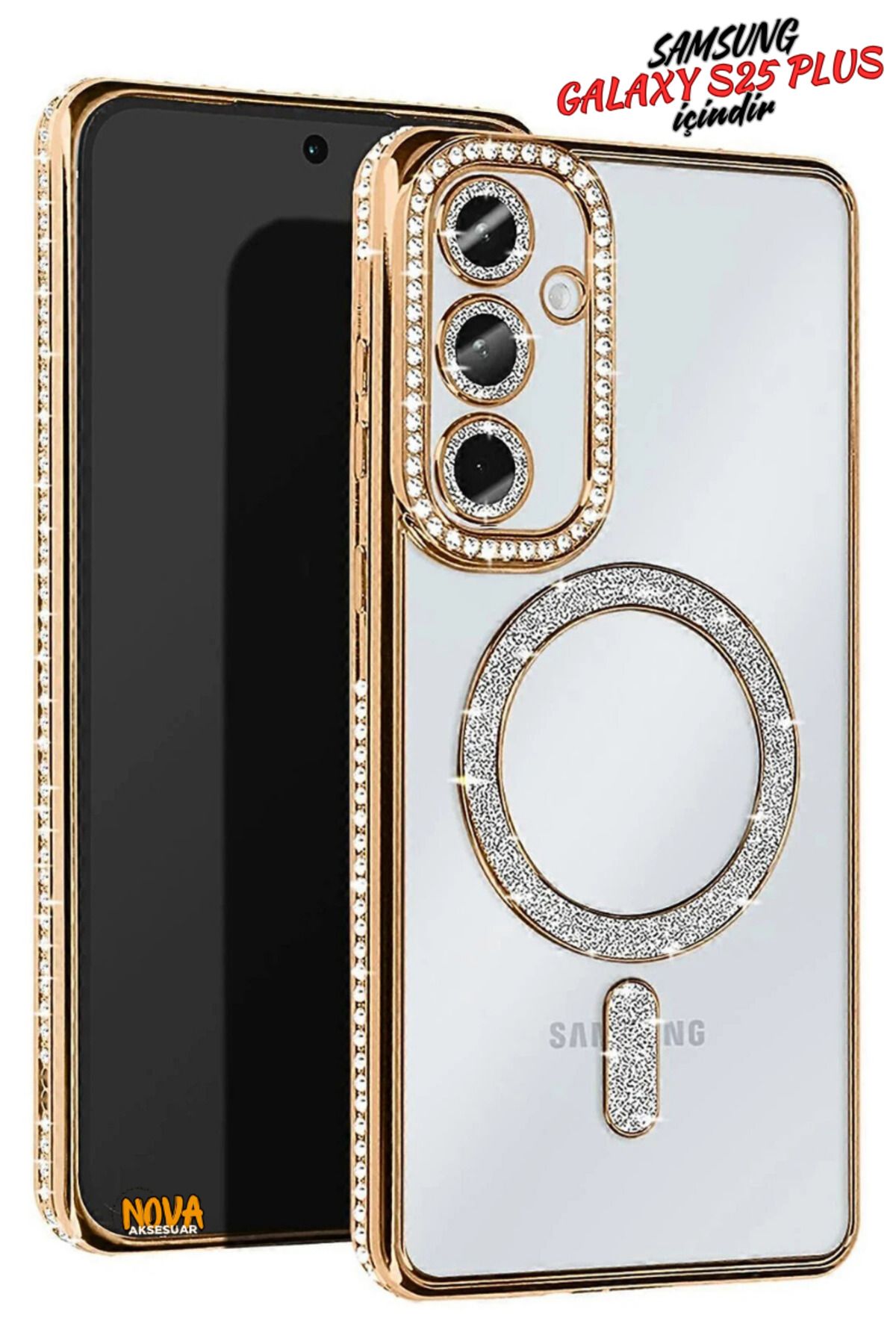 cepmoda Samsung Galaxy S25 PLUS - Taşlı Simli Magsafe Telefon Kılıfı - Lens Korumalı Lüx Kapak - GOLD