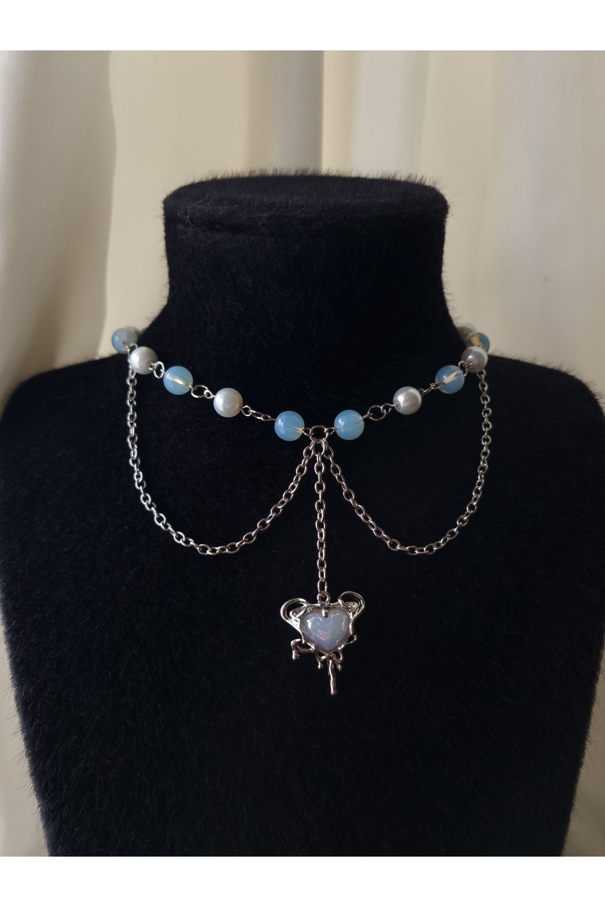 Crosswonder Blue Heart Ay Taşı İnci Kolye
