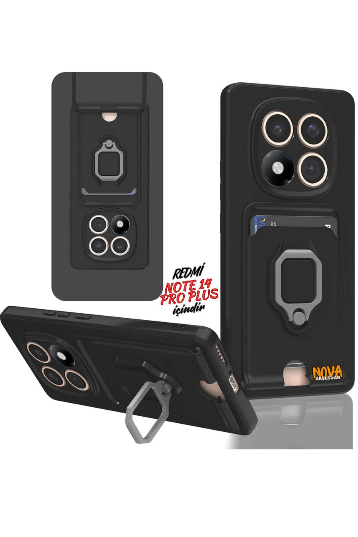 cepmoda Xiaomi Redmi NOTE 14 PRO PLUS Boyun Askılı Kılıf | Ring Stand ipli Kamera Sürgülü Kapak - SİYAH