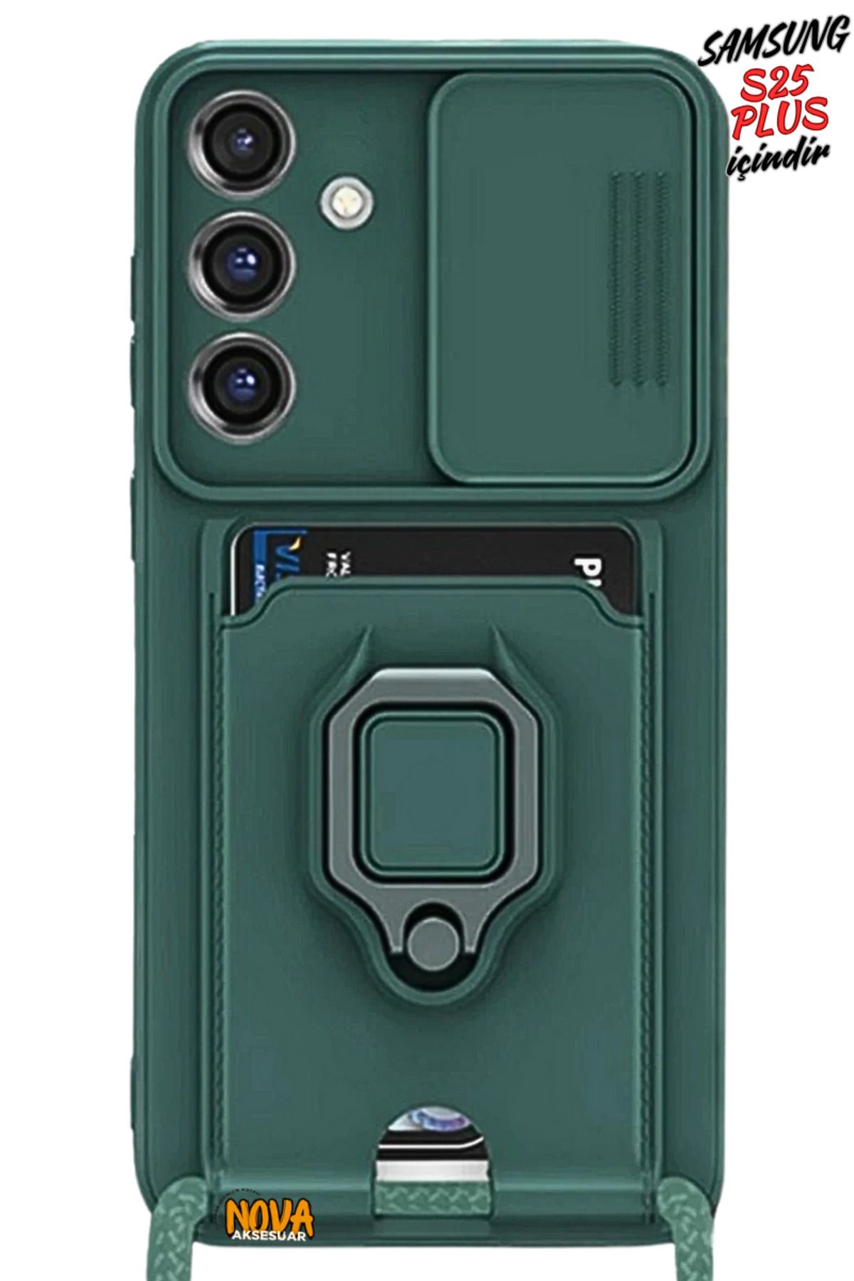 cepmoda SAMSUNG GALAXY S25 PLUS Boyun Askılı Kılıf | Ring Stand ipli Kamera Sürgülü Kapak - YEŞİL