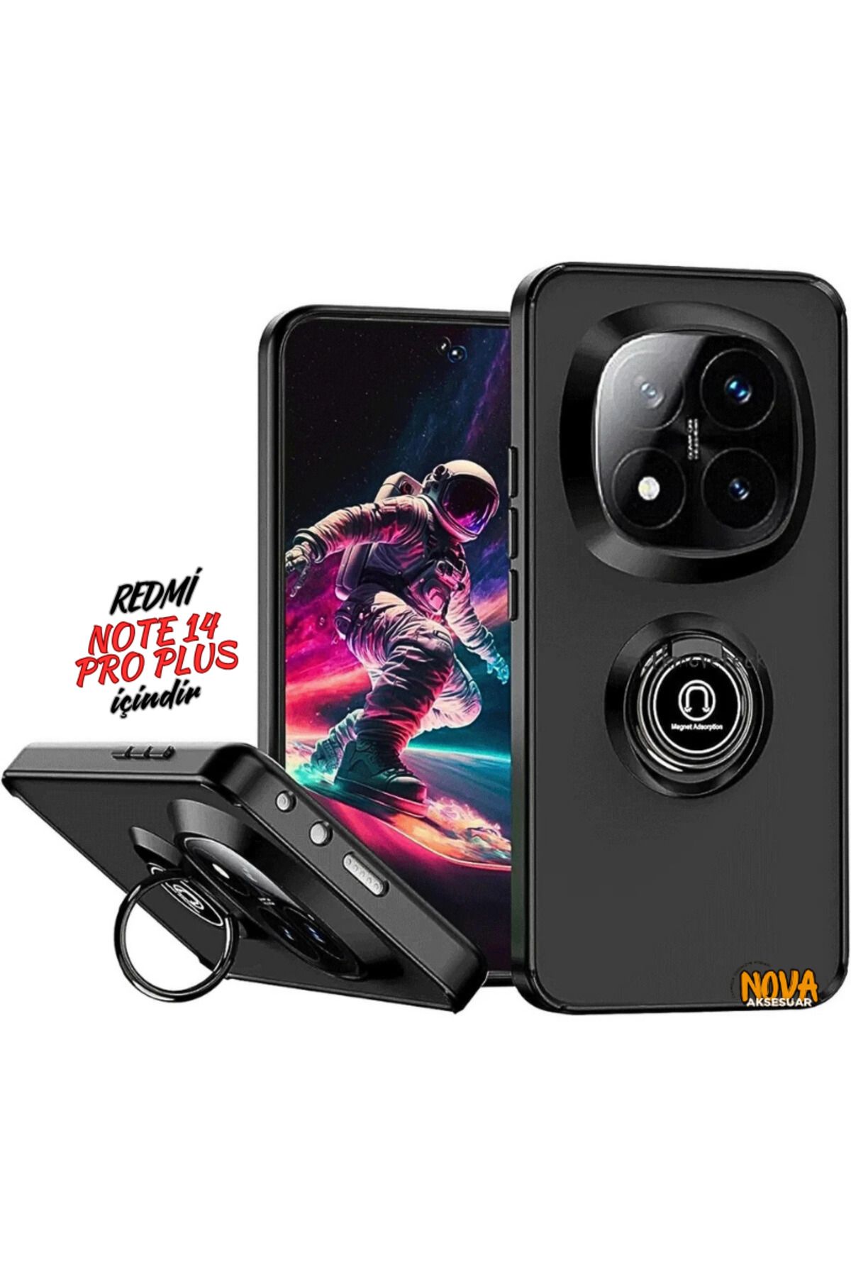 cepmoda Xiaomi Redmi NOTE 14 PRO PLUS - Yüzüklü Standlı Mat Soft Kapak/Kılıf - SİYAH