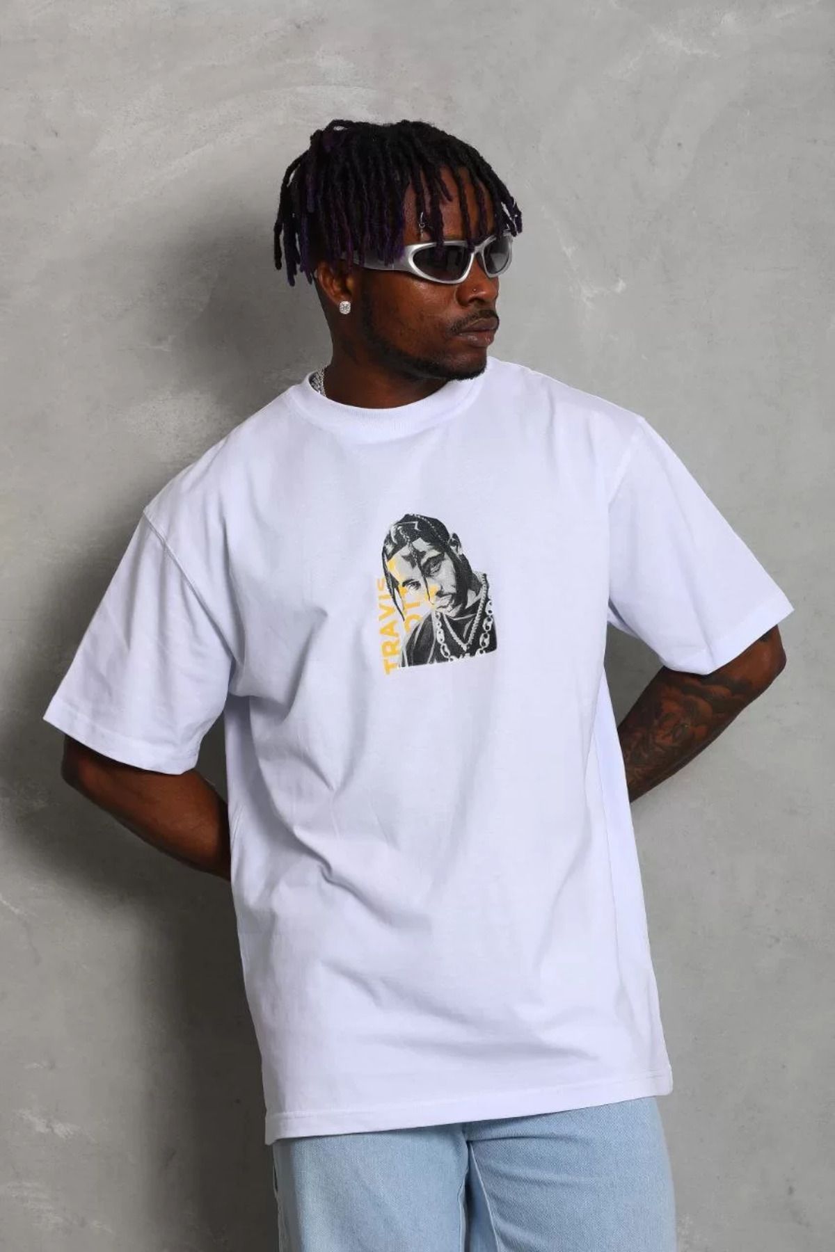 FantaziAtölyesi Unisex Oversize Baskılı Bisiklet Yaka T-Shirt - Beyaz