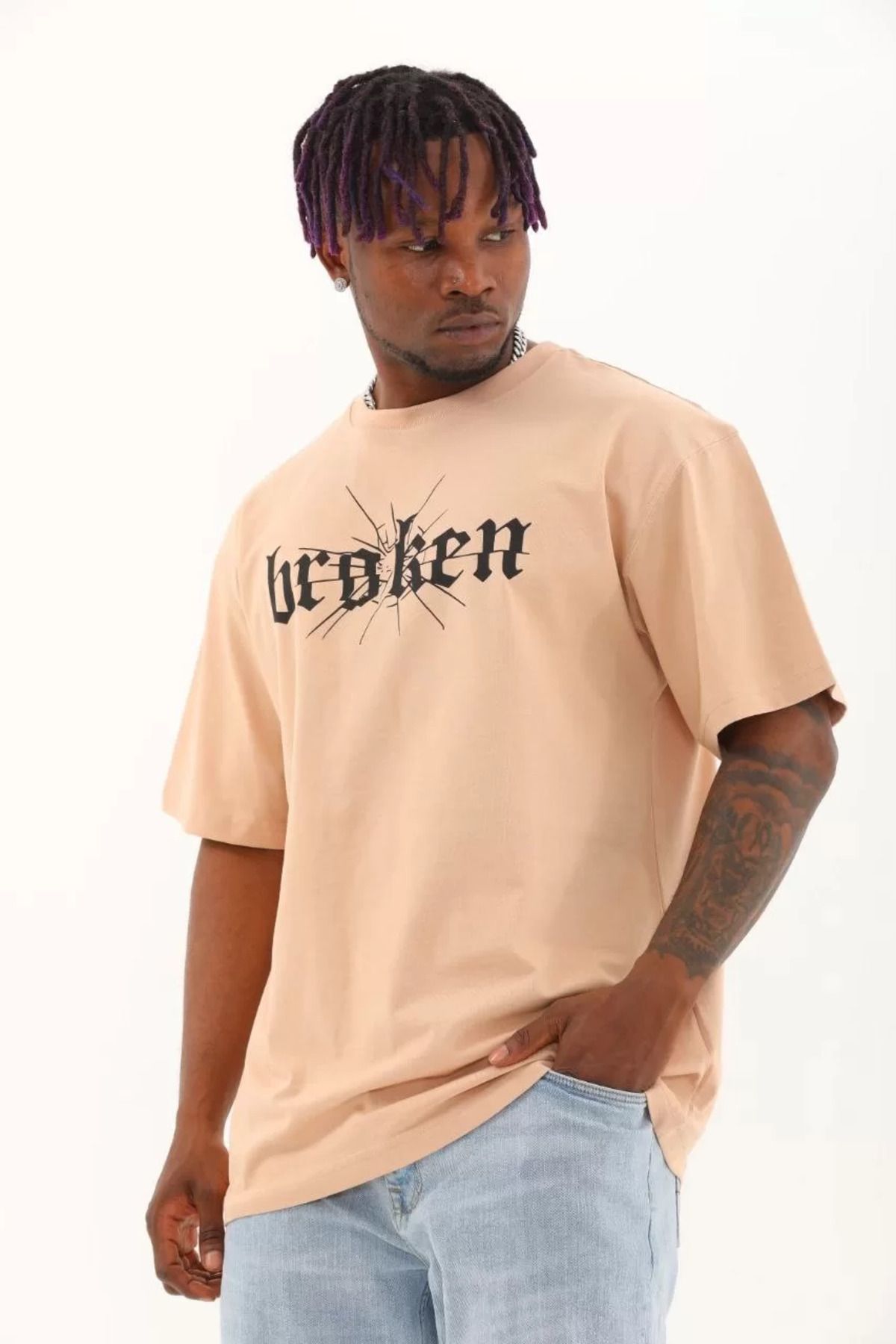 FantaziAtölyesi Unisex Oversize Baskılı Bisiklet Yaka T-Shirt - Bej