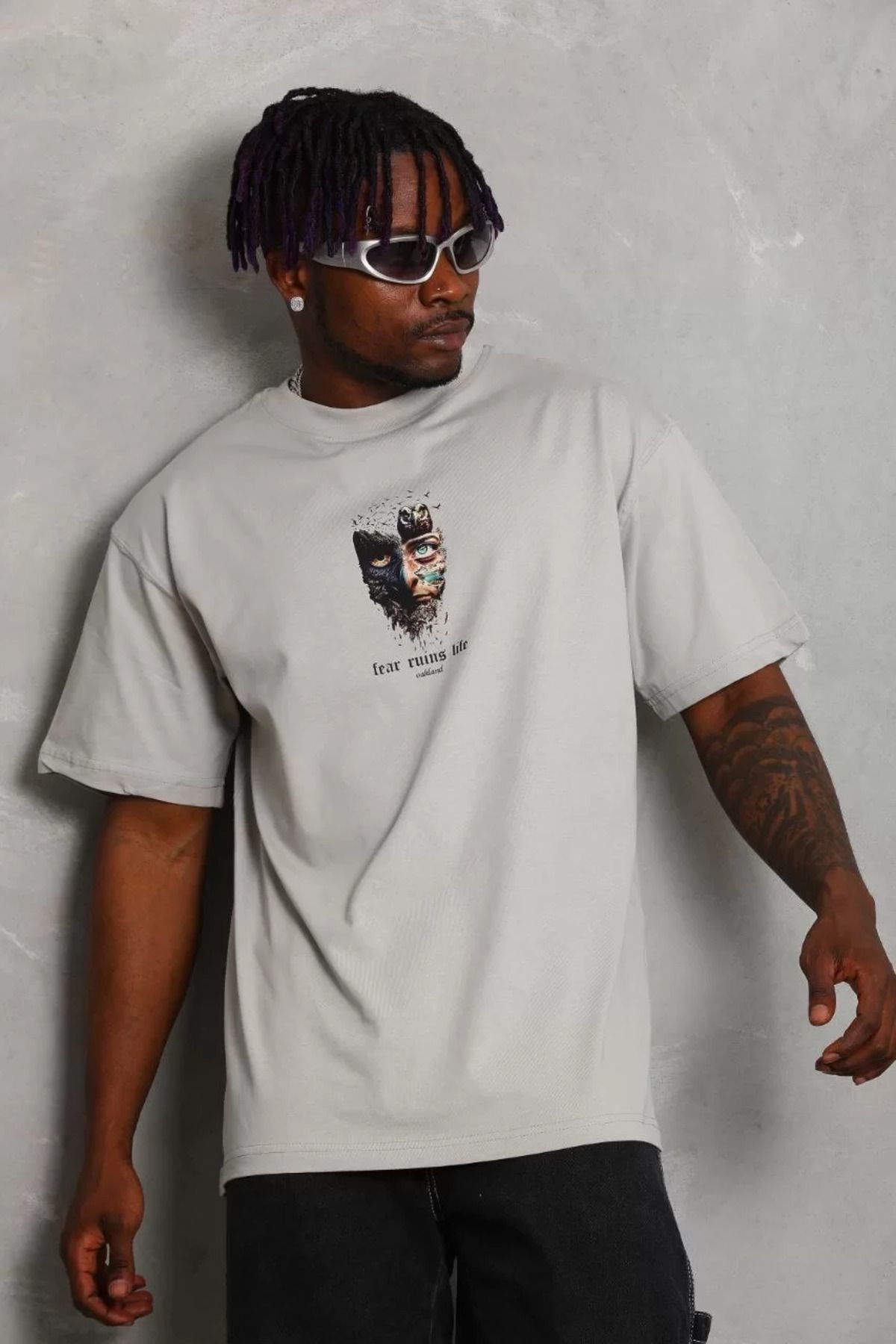 FantaziAtölyesi Unisex Oversize Baskılı Bisiklet Yaka T-Shirt - Gri
