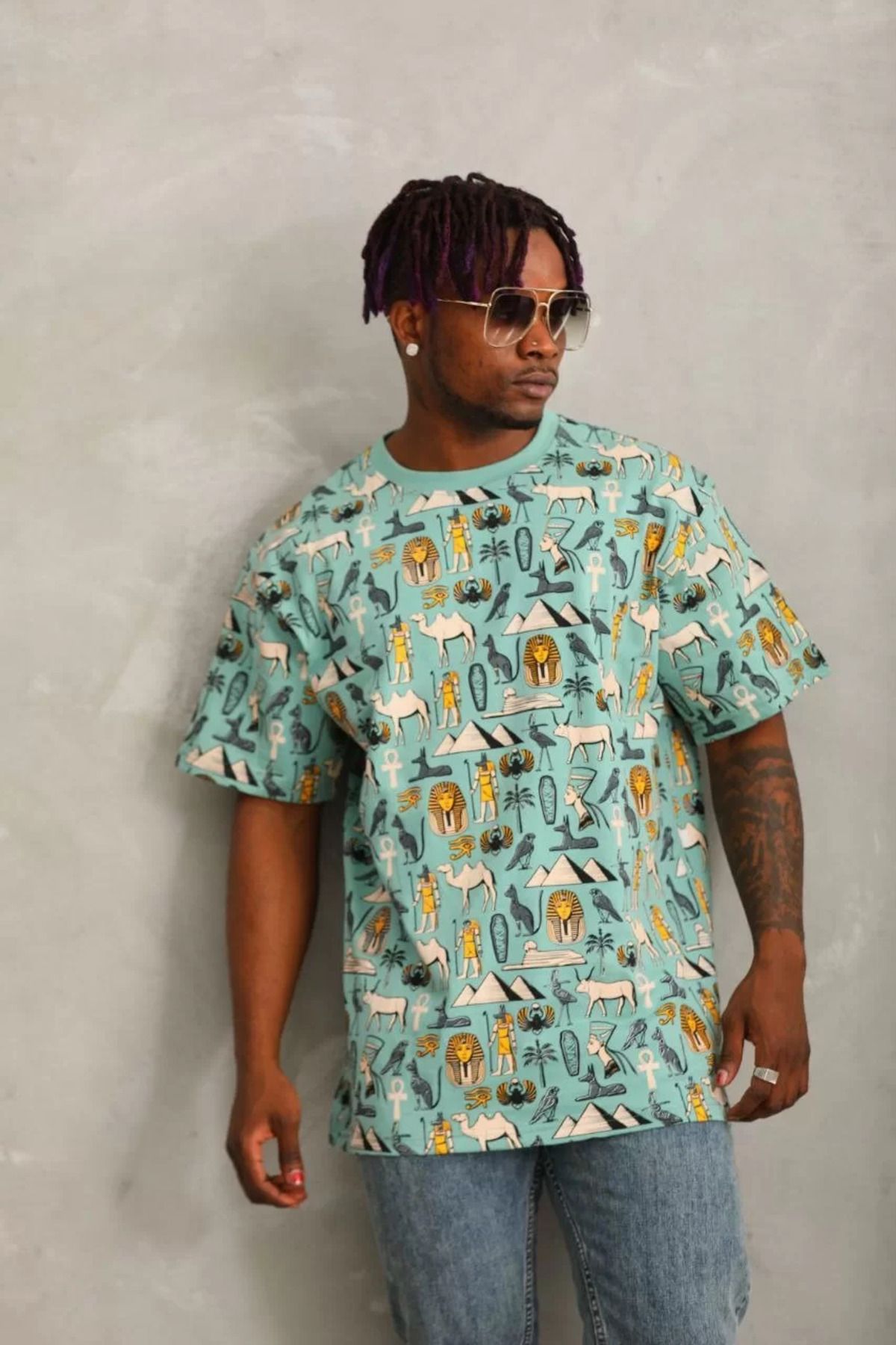 FantaziAtölyesi Unisex Oversize Baskılı Bisiklet Yaka T-Shirt - Mint Yeşili
