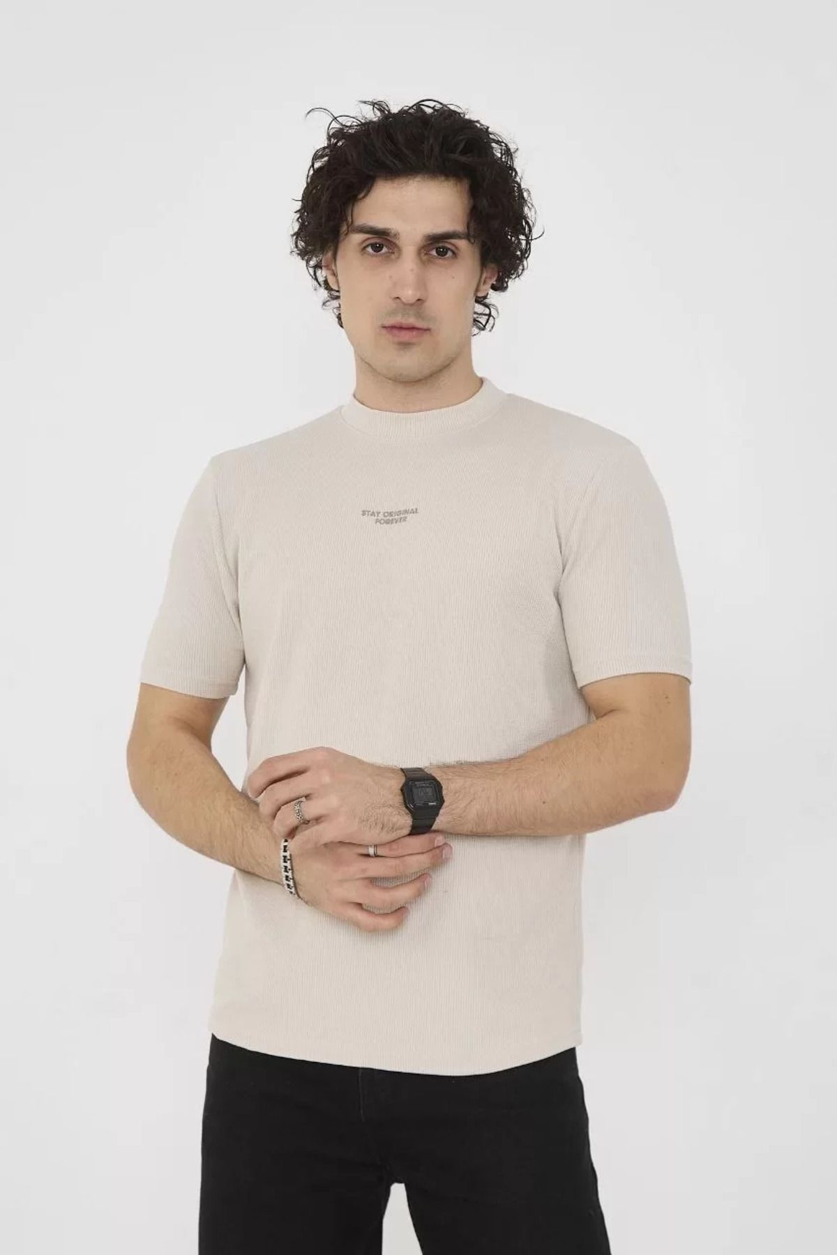 FantaziAtölyesi Unisex Bisiklet Yaka Slim fit T-Shirt- Bej