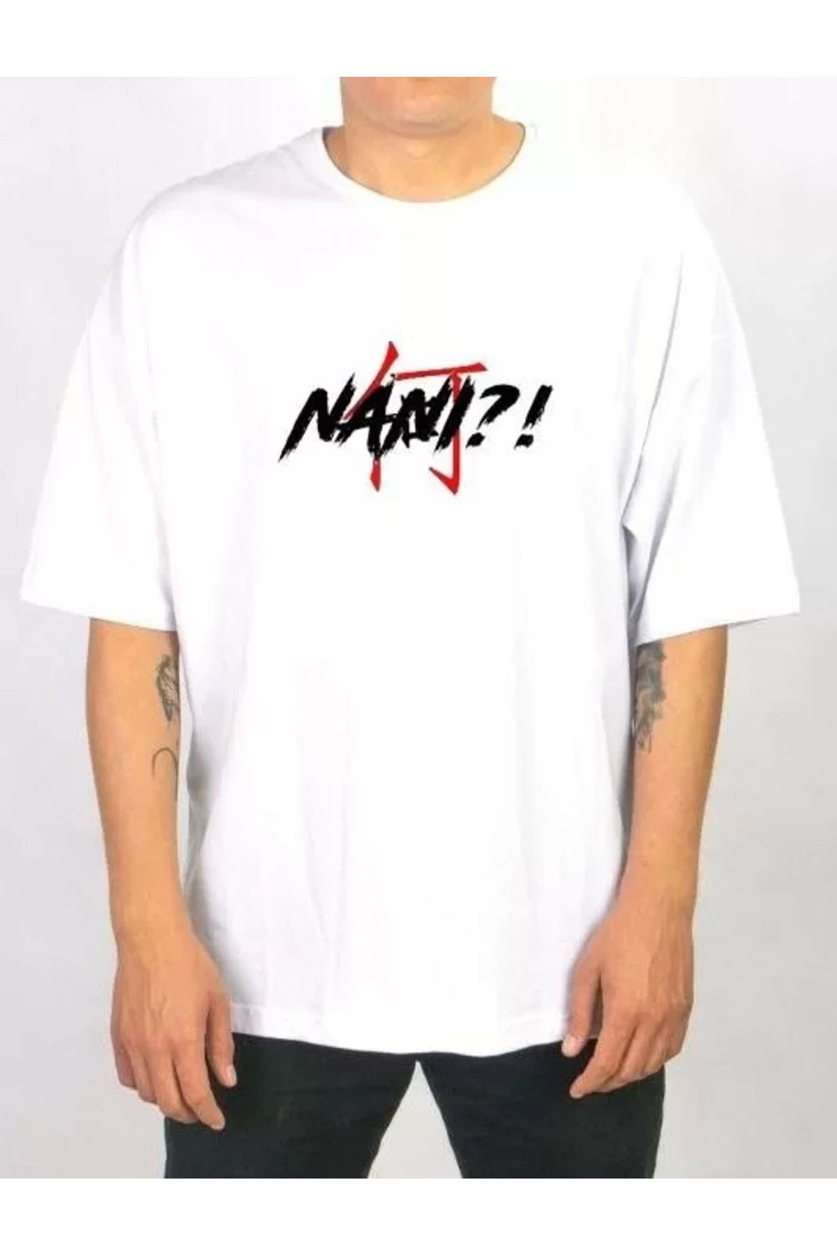 FantaziAtölyesi Unisex Bisiklet Yaka Baskılı Oversize T-Shirt - Beyaz