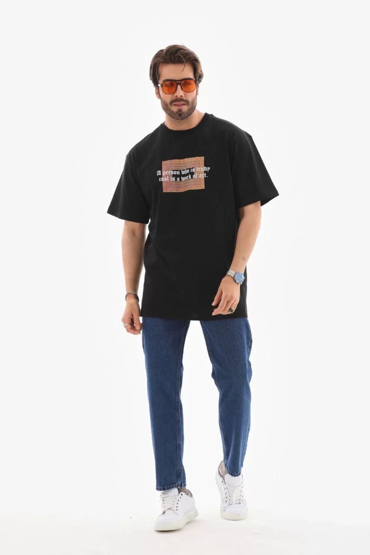 FantaziAtölyesi Unisex Bisiklet Yaka Baskılı Oversize T-Shirt - Siyah