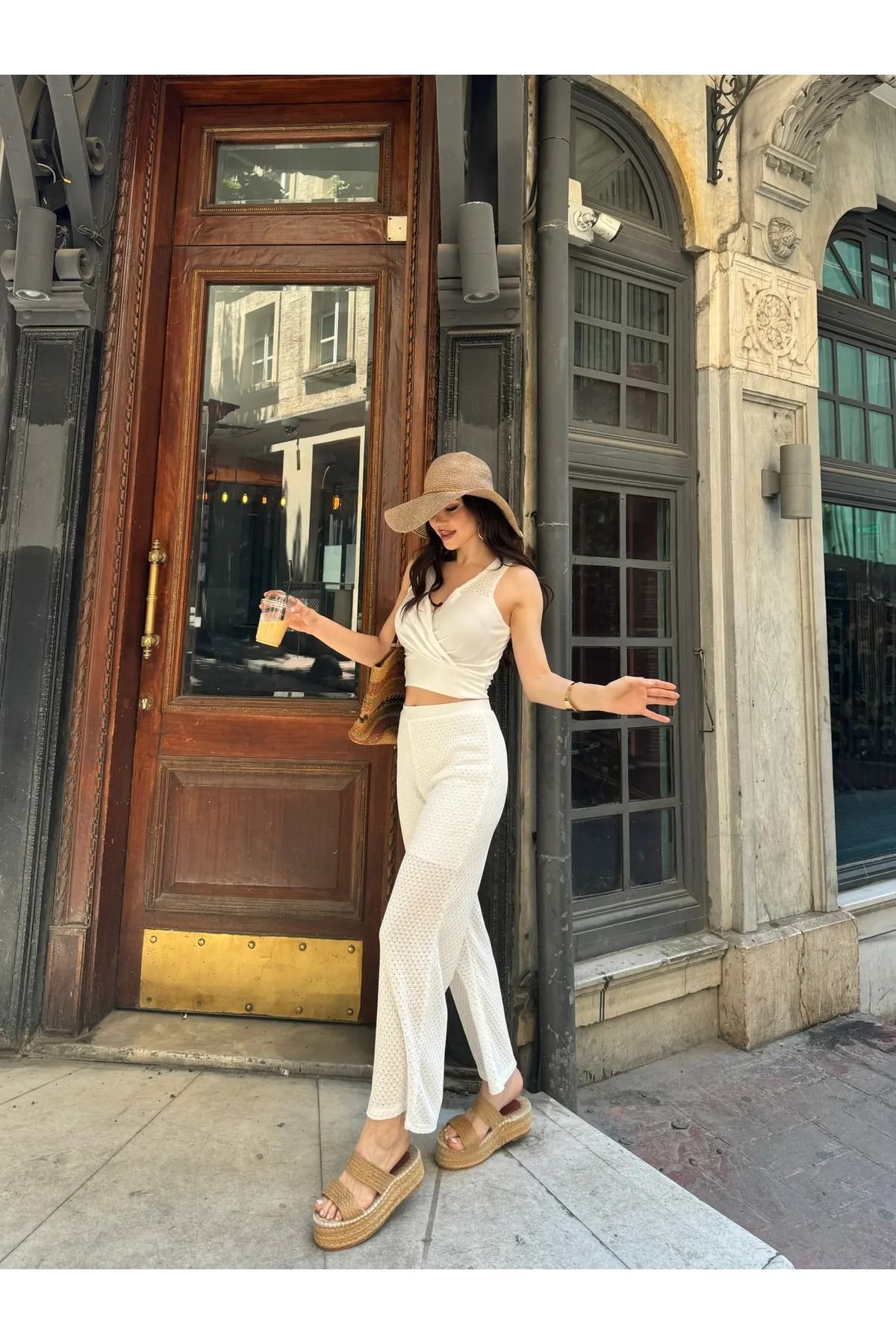 MODA Kruvaze Yaka Crop Bluz Ve Detaylı Pantolon Triko İkili Takım