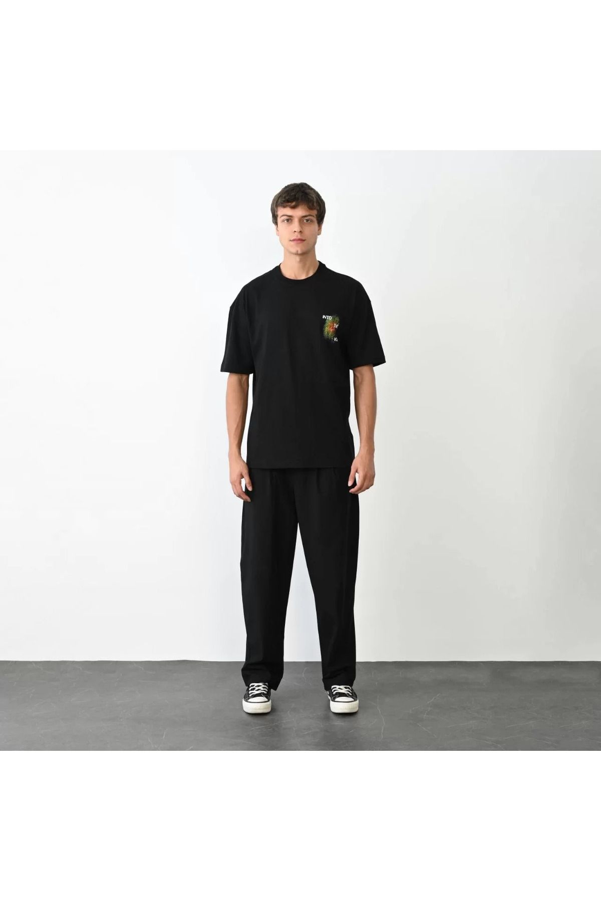 FantaziAtölyesi Unisex Bisiklet Yaka Baskılı Oversize T-Shirt - Siyah