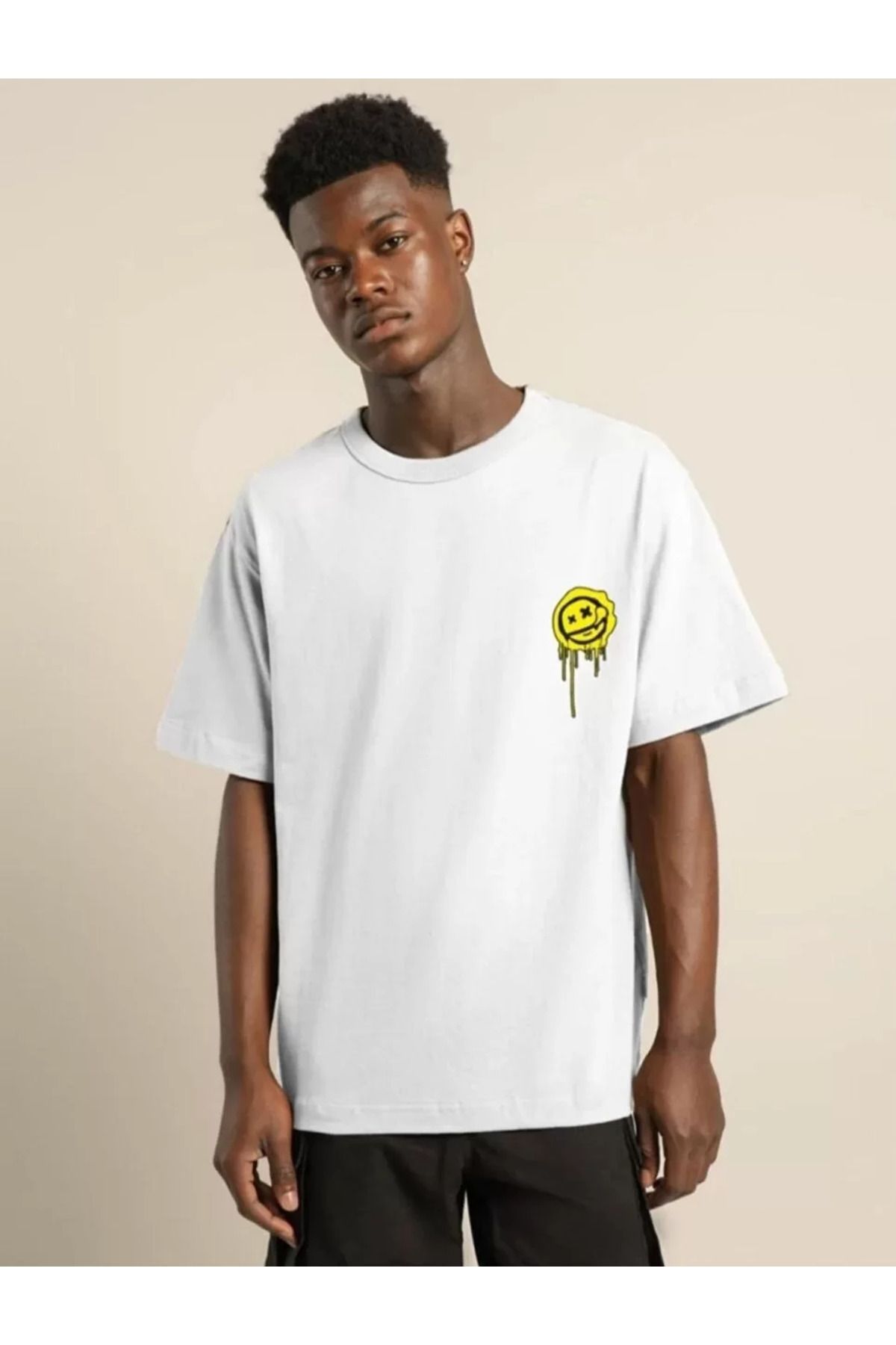 FantaziAtölyesi Unisex Bisiklet Yaka Baskılı Oversize T-Shirt - Beyaz