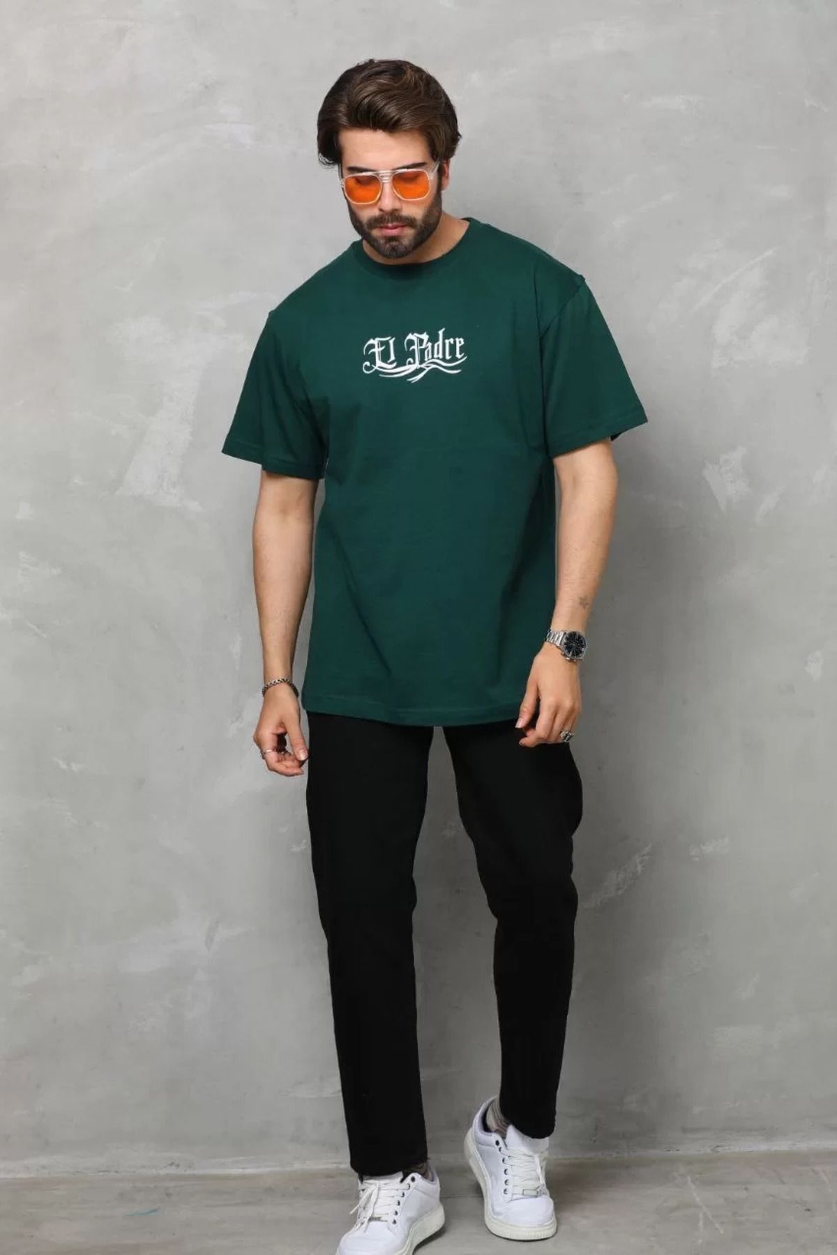 FantaziAtölyesi Unisex Bisiklet Yaka Baskılı Oversize T-Shirt - Yeşil