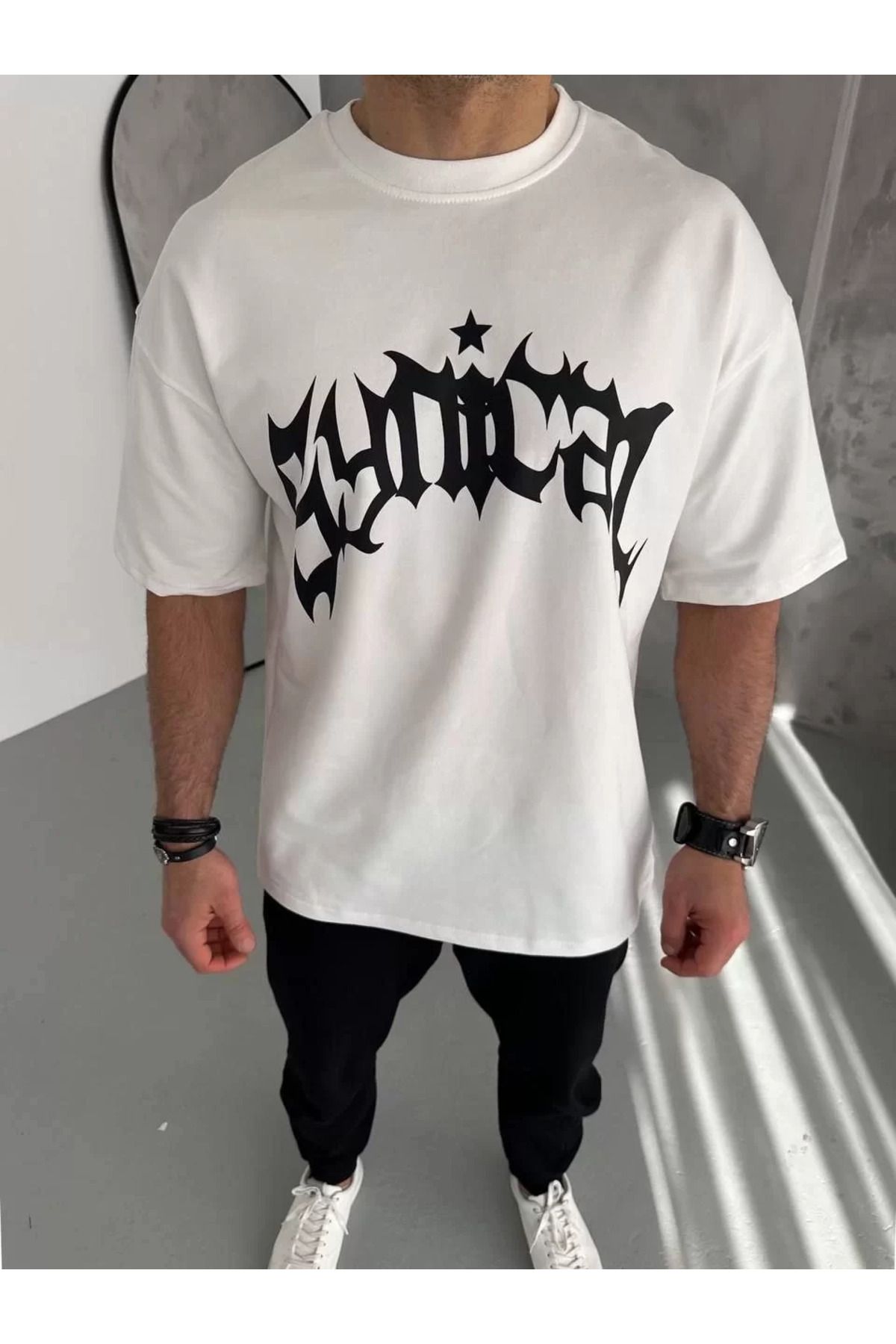 FantaziAtölyesi Unisex Bisiklet Yaka Baskılı Oversize T-Shirt - Beyaz