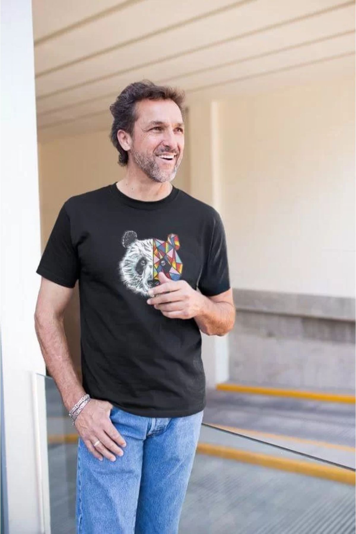 FantaziAtölyesi Erkek Bisiklet Yaka Baskılı Oversize T-Shirt - Siyah