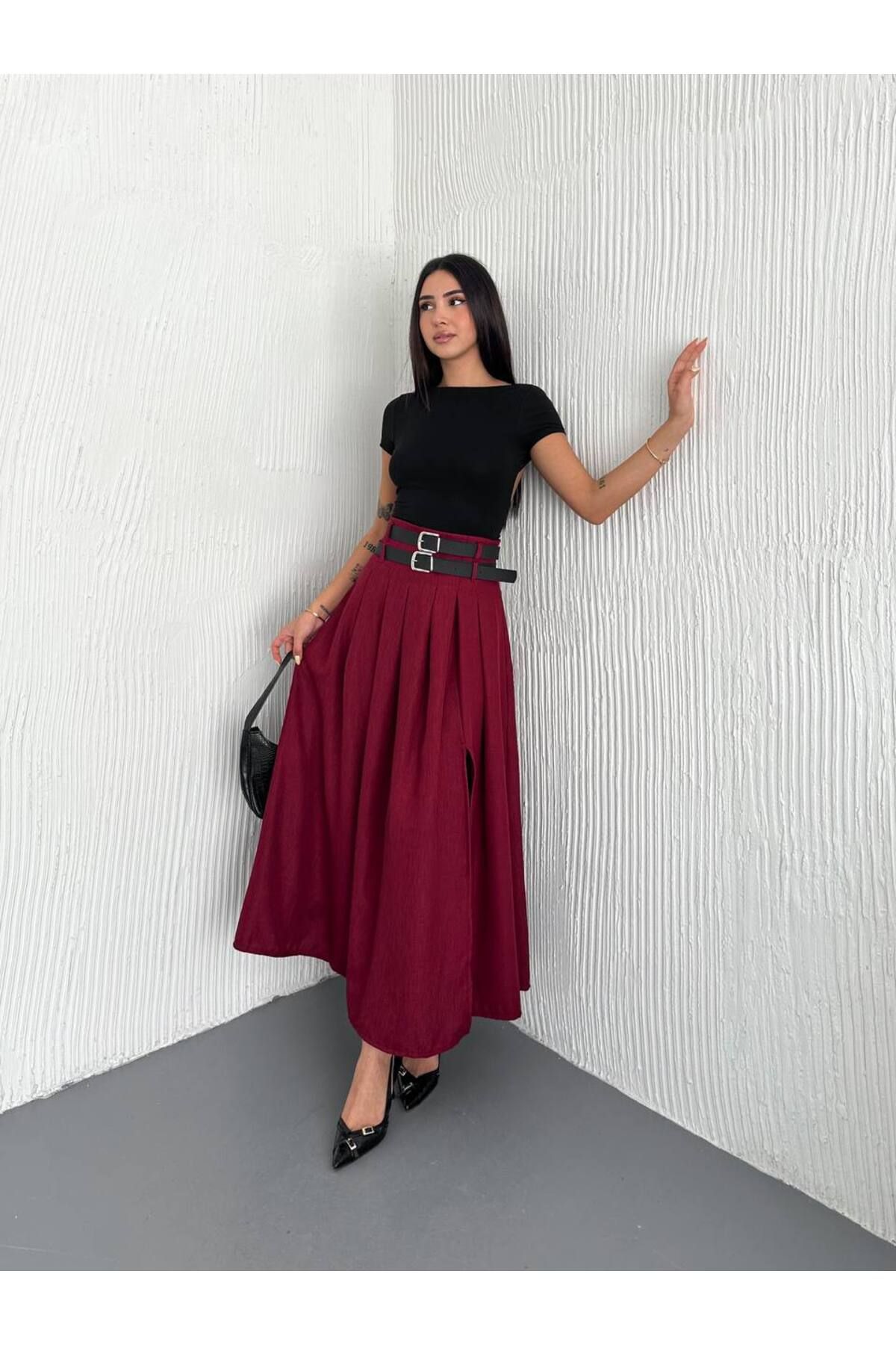 Castivo Fashion Double Kemer Detaylı Yüksek Bel Yırtmaçlı Maxi Pile Etek