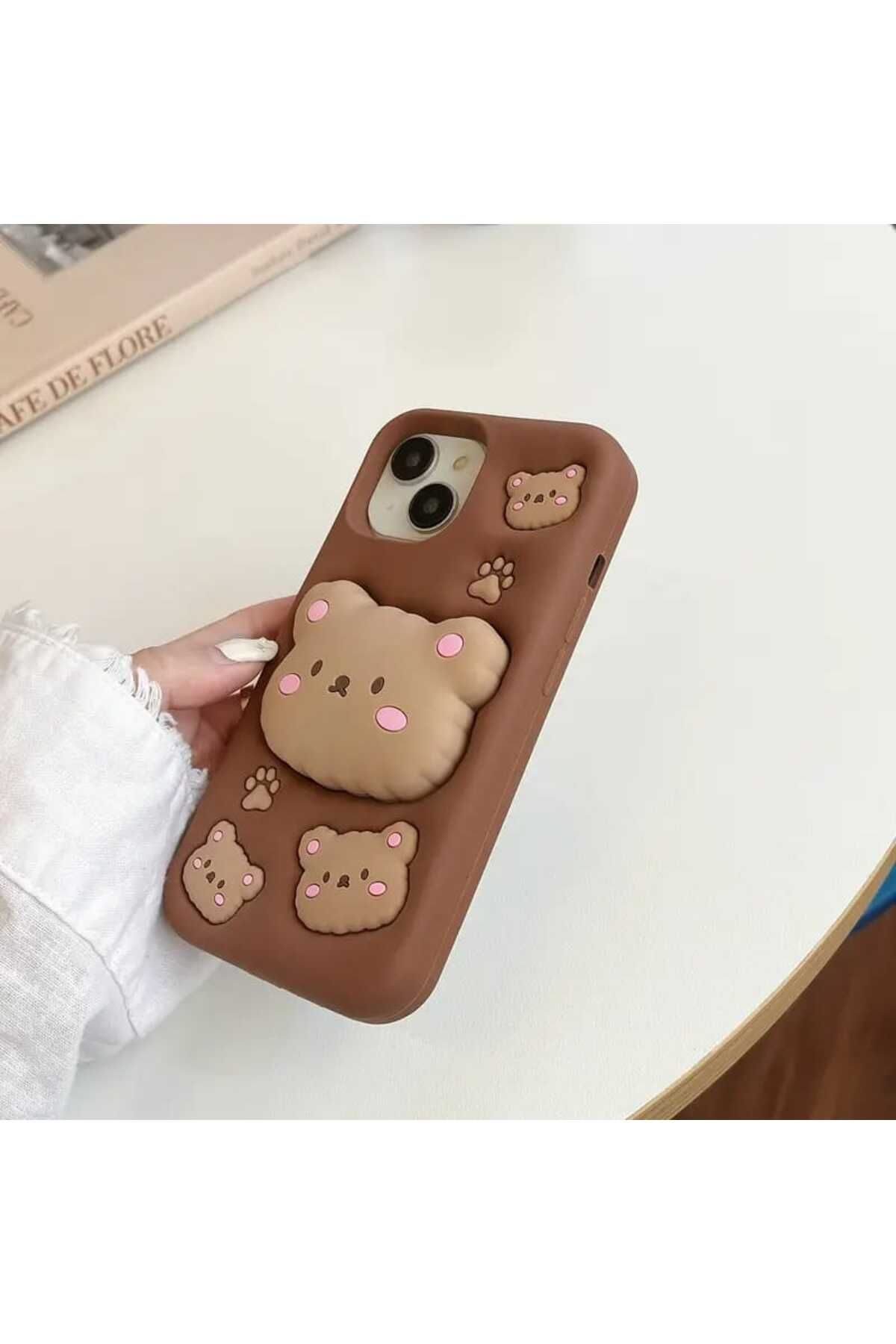 shop 14 Pro Uyumlu Standlı Sevimli Ayıcık Figürlü Yumuşak Slikon&Kapak Kılıf