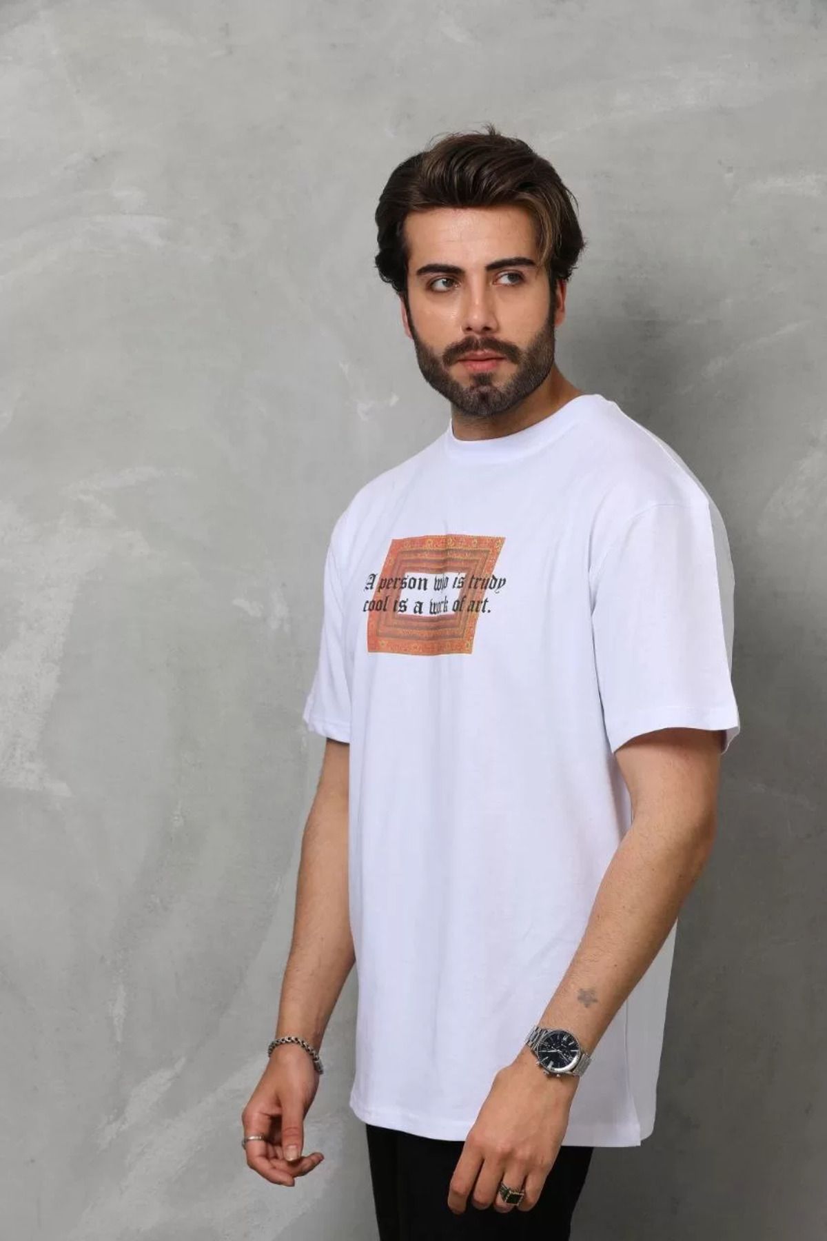 FantaziAtölyesi Unisex Bisiklet Yaka Baskılı Oversize T-Shirt - Beyaz