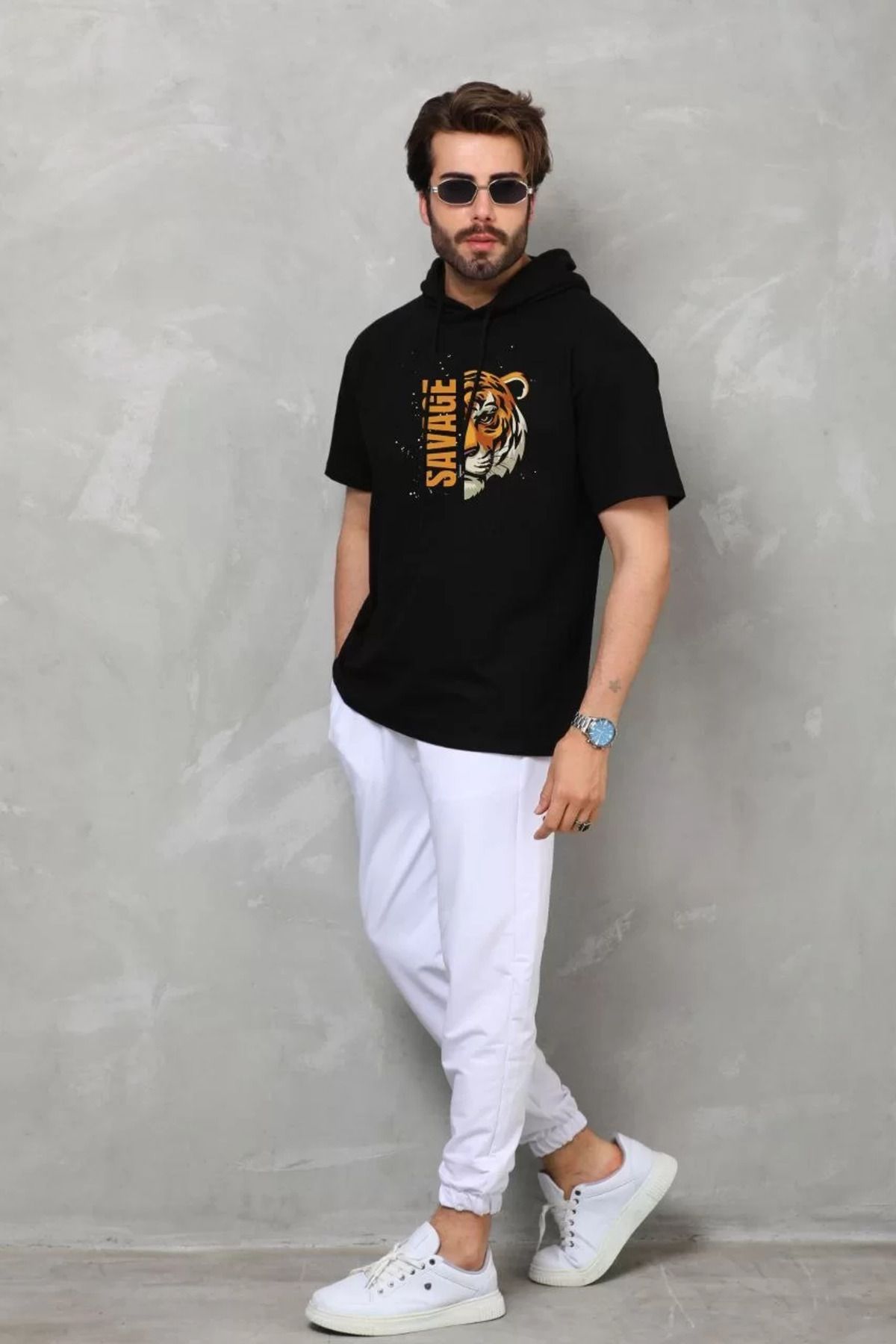 FantaziAtölyesi Unisex Kapşonlu Kısa Kol Oversize Baskılı T-Shirt - Siyah