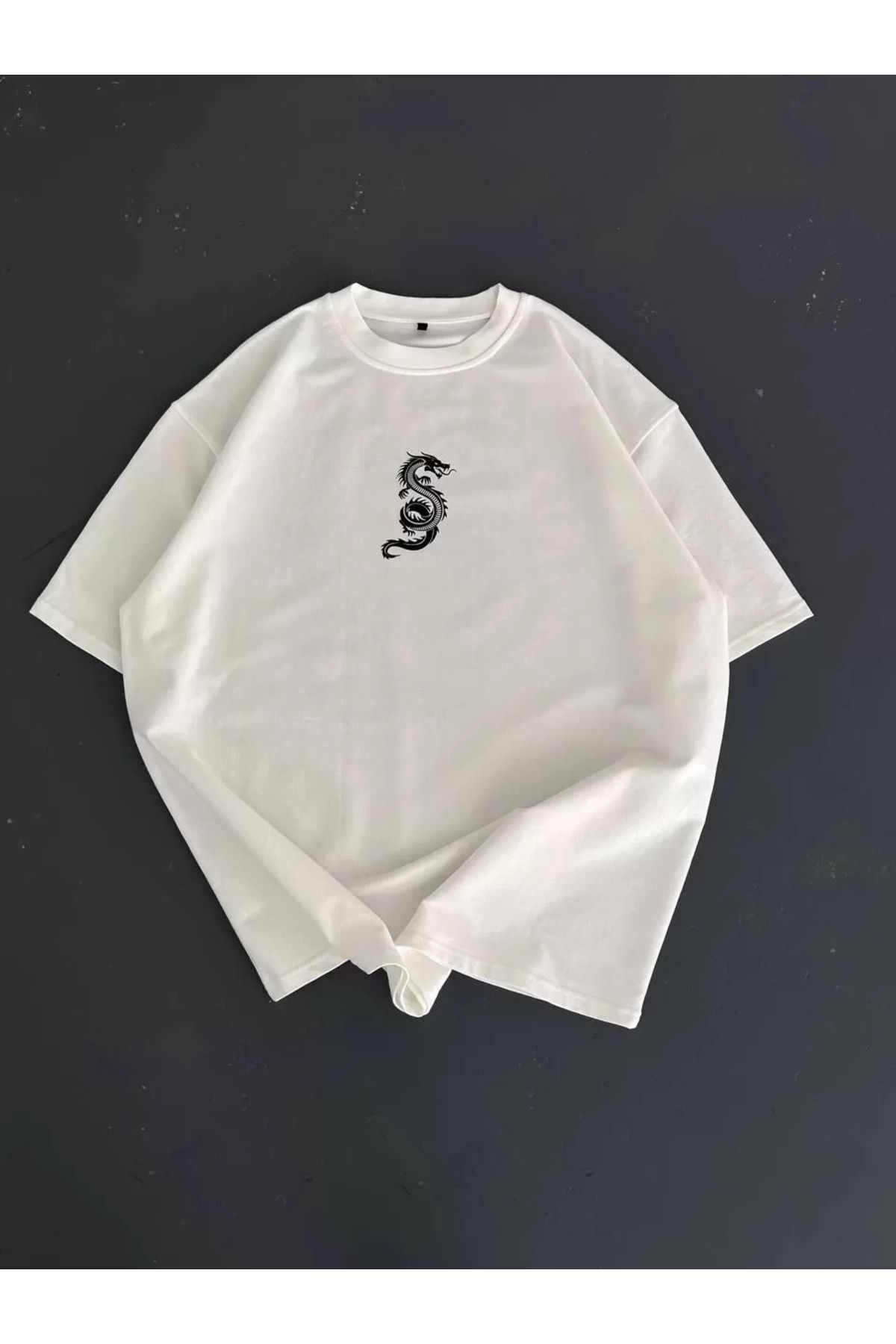 FantaziAtölyesi Baskılı Oversize Bisiklet Yaka T-shirt - Beyaz