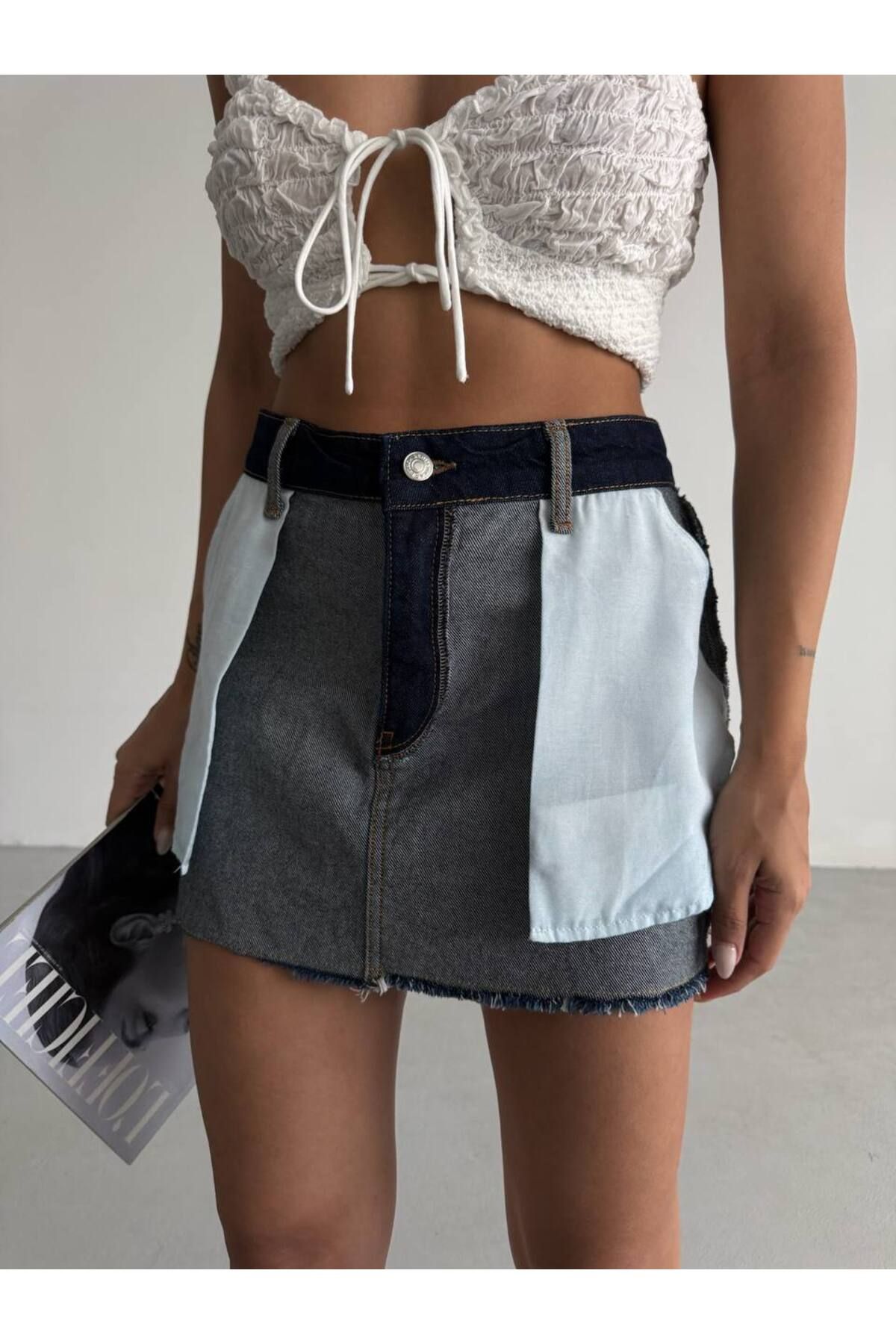 Castivo Fashion Oversize Cepli Kesik Paça Denim Mini Etek