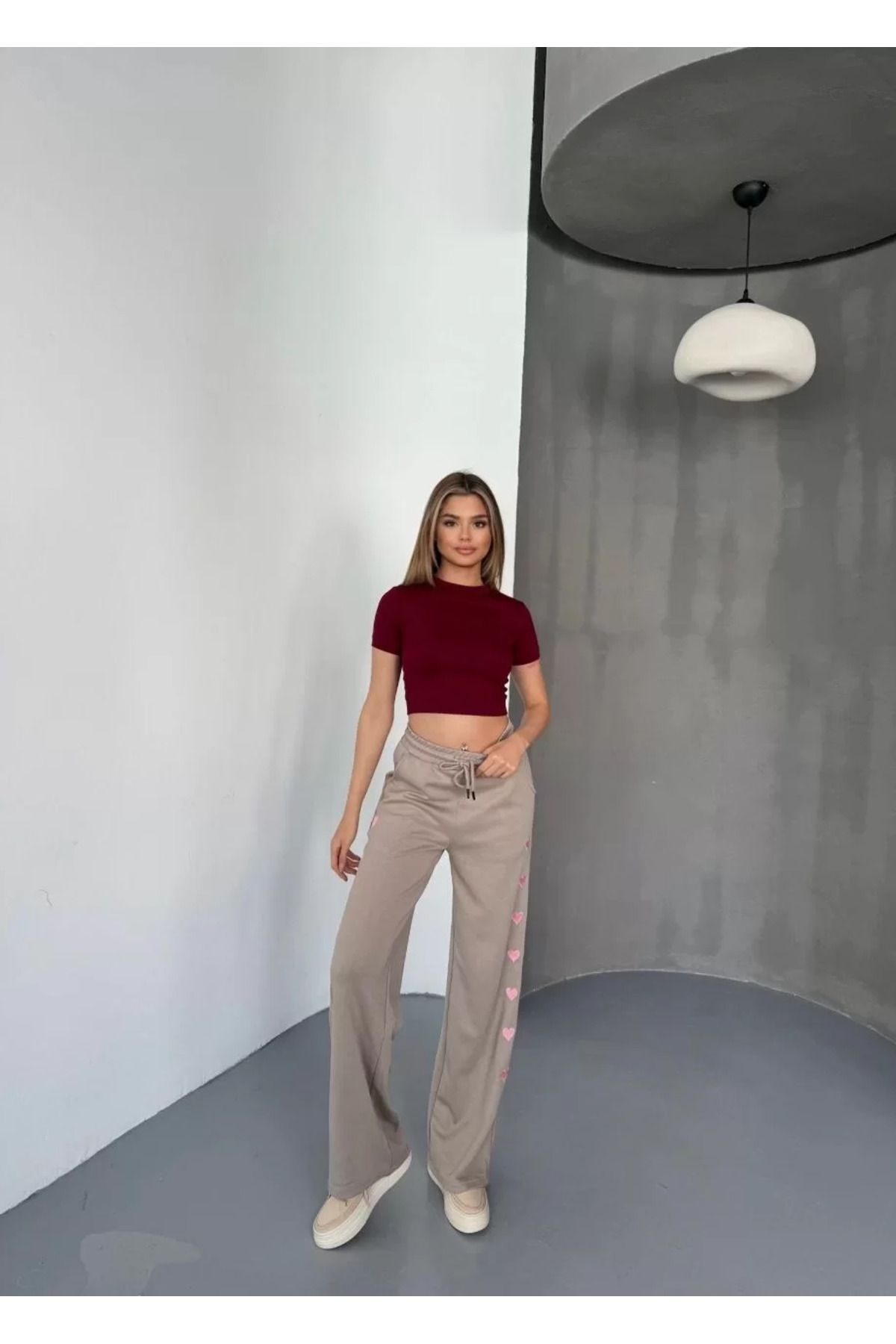 FantaziAtölyesi Osy Modal Yumuşak Dokulu Kumaş Nakış işlemeli Rahat Bol Paça Eşofman Pantalon - Bej