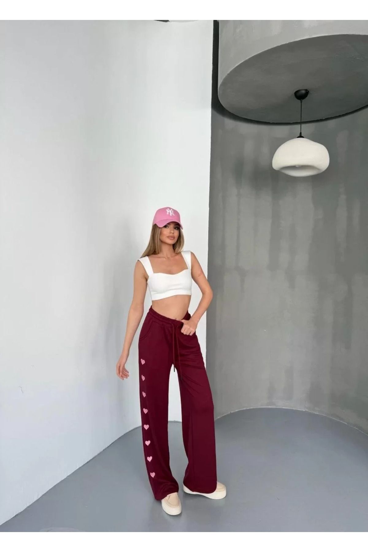 FantaziAtölyesi Osy Modal Yumuşak Dokulu Kumaş Nakış işlemeli Rahat Bol Paça Eşofman Pantalon - Bordo