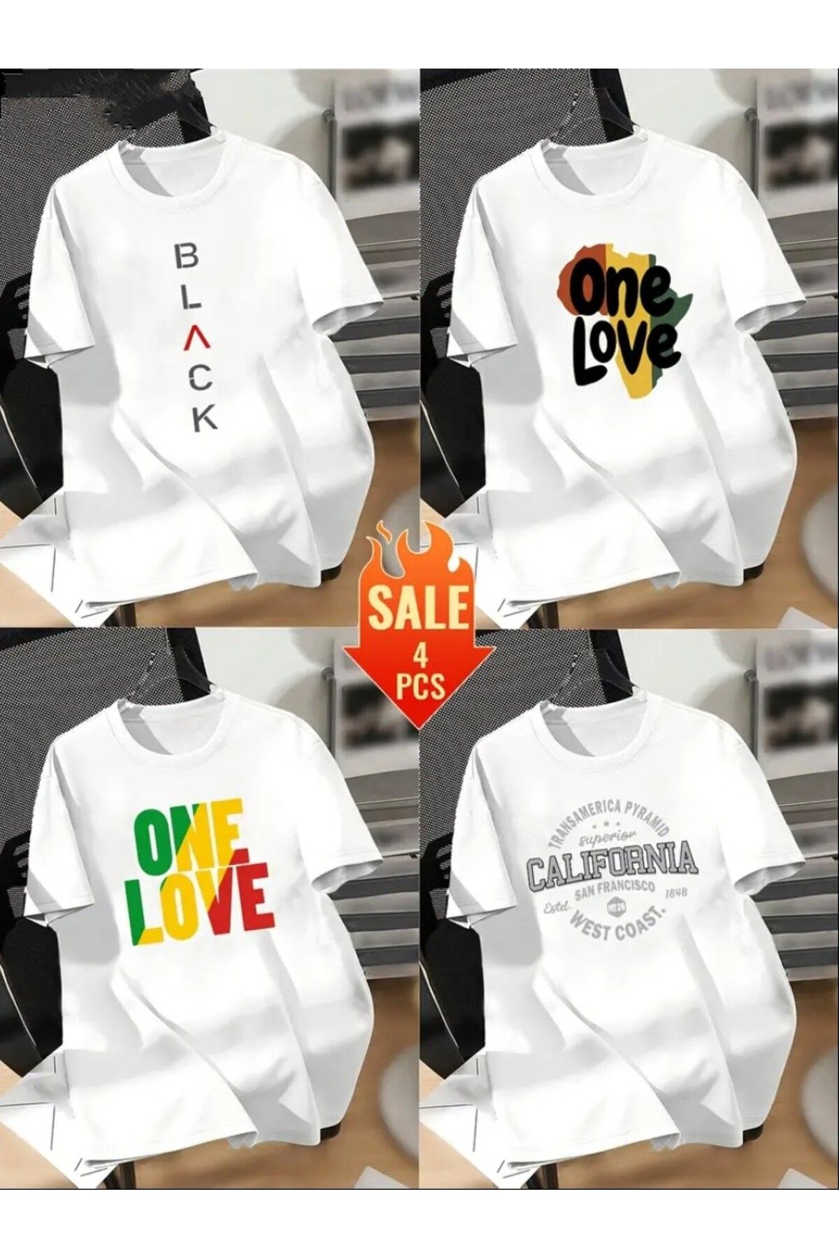 trend selection 4 adet 4 Farklı Baskılı, Oversize, Bisiklet Yaka Unisex T-shirt