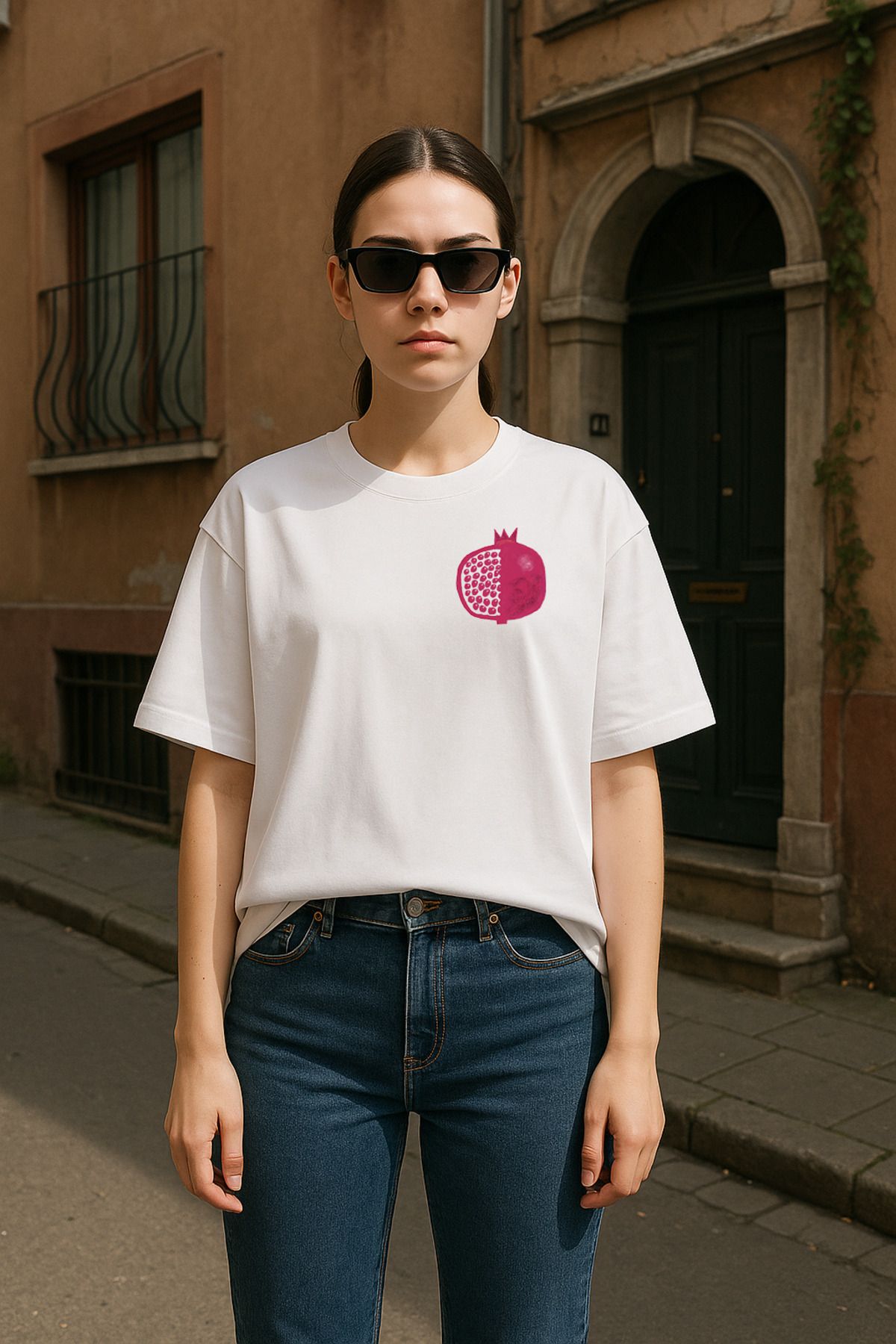 wolka Nar Baskılı Unisex %100 Pamuk Oversize Bisiklet Yaka Beyaz T-shirt