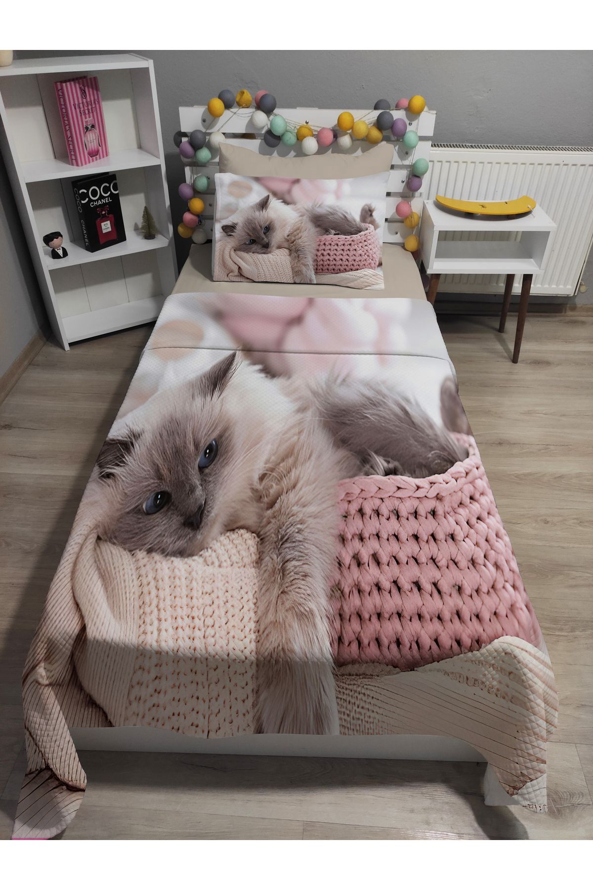 yok yok evim eve dair her şey-4 Piece Cat Patterned Single Pique Bedspread Set with Elastic Sheets 3