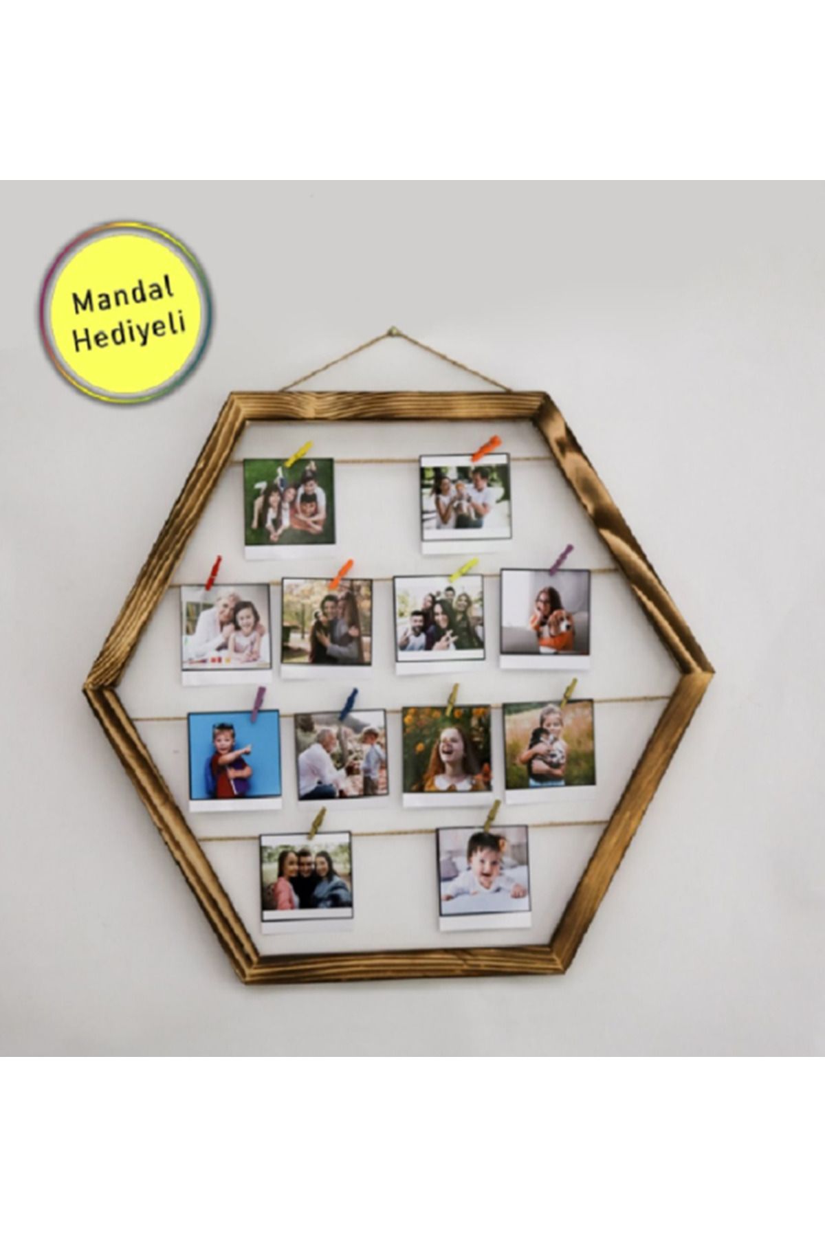 NETAVANTAJ 12 Fotoğraflı Altıgen İpli Mandallı Ahşap Fotoğraf Albümü Panosu