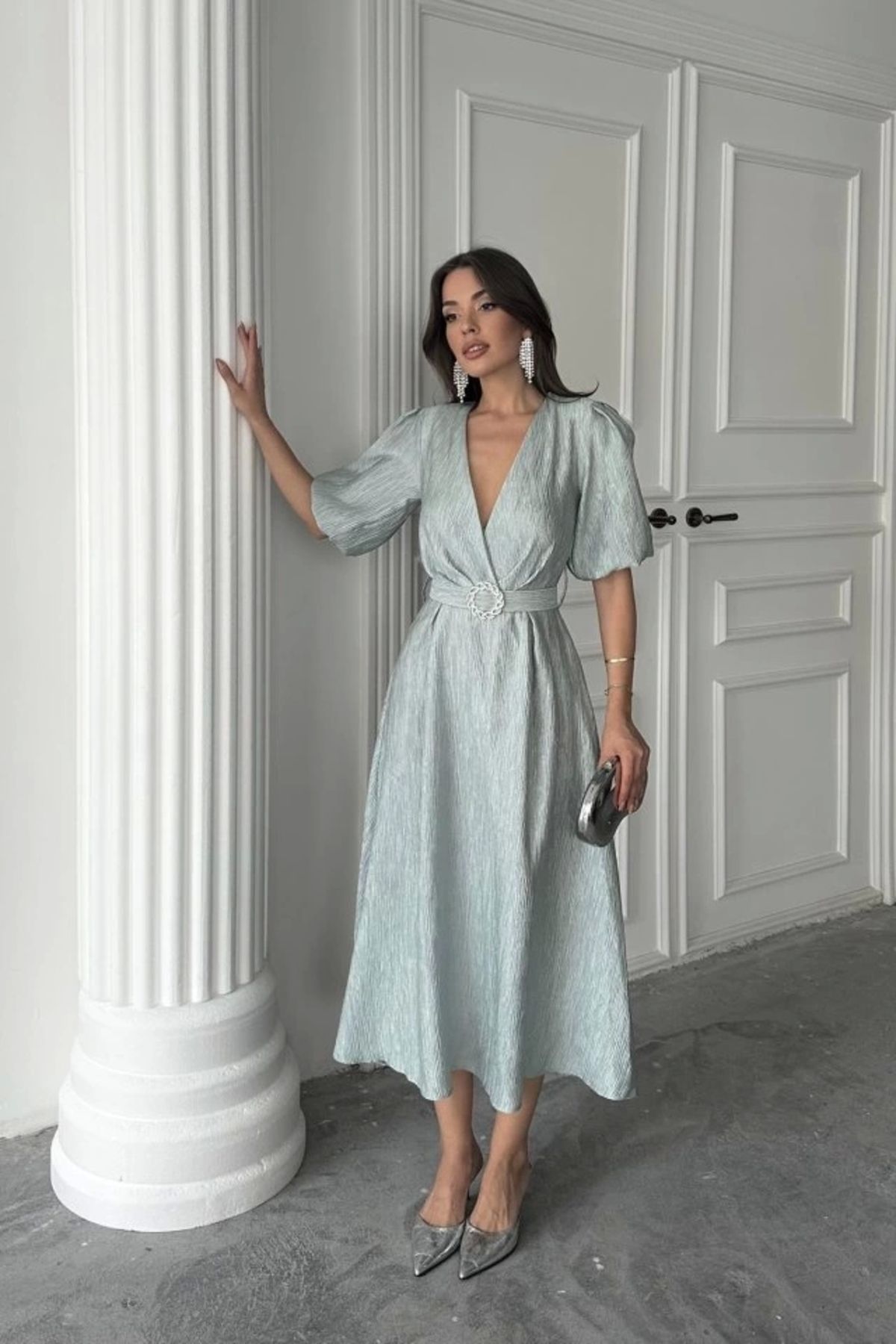 Butik Mint Işıltılı Kemerli Kruvaze Elbise
