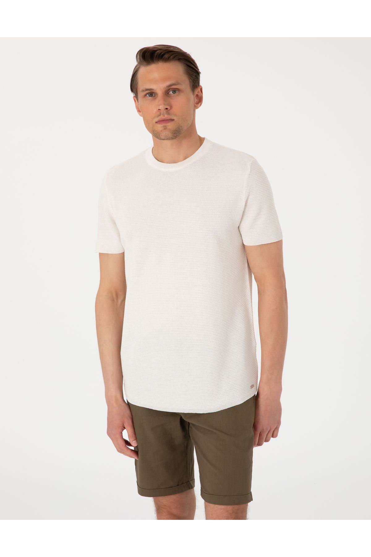 Pierre Cardin Ekru Slim Fit Keten Karışımlı Triko Tişört 50305973-VR019