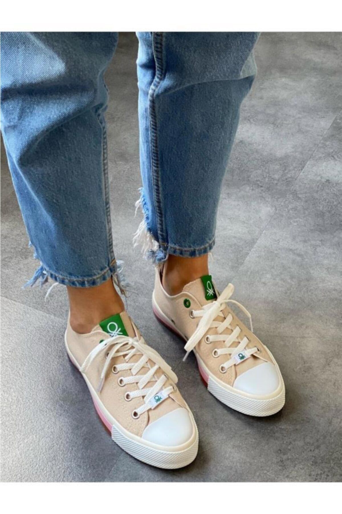 Benetton Modern Şık Tasarım Bağcıklı Günlük Spor Ayakkabı Sneaker Bej