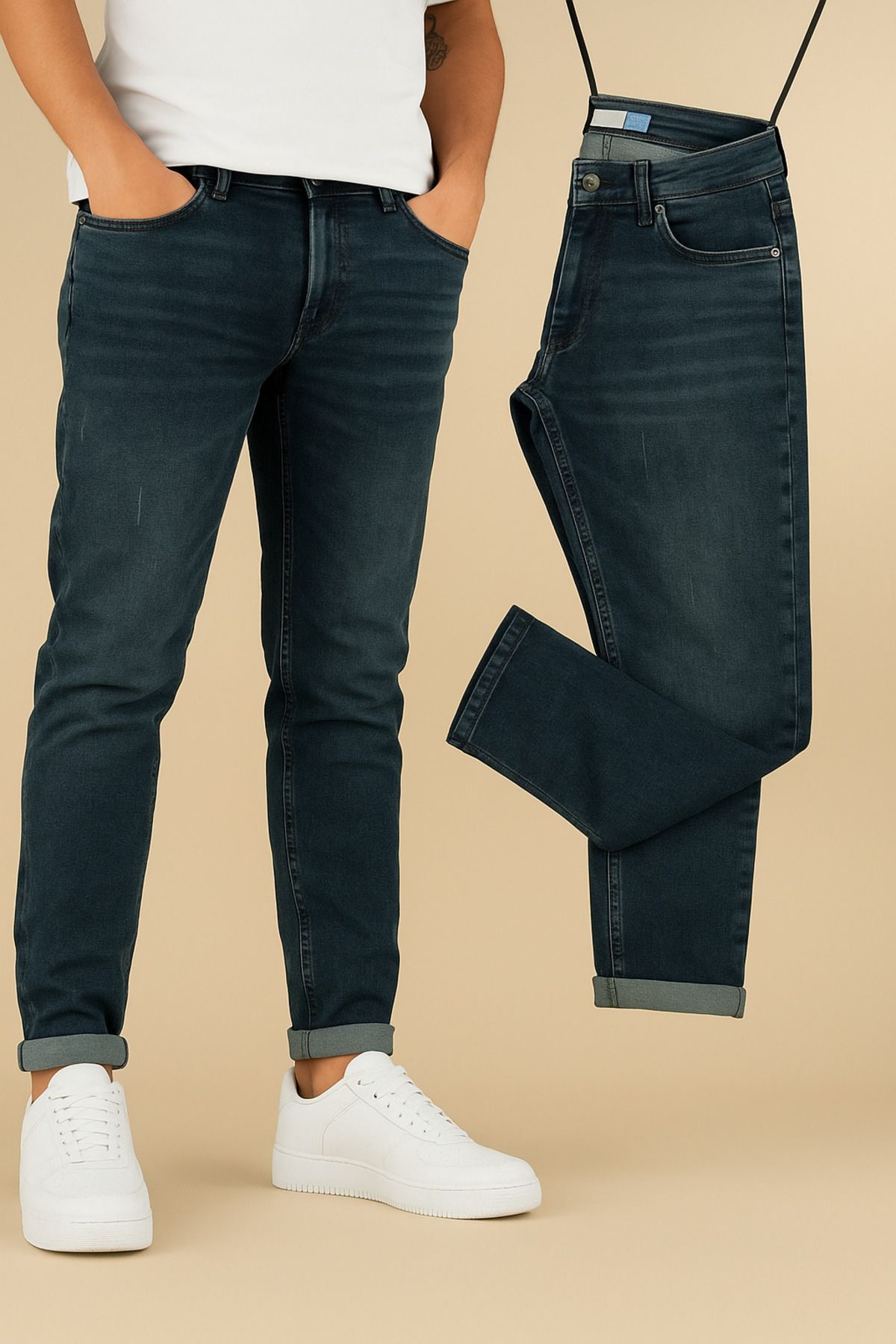 moda biz Erkek Slim Fit Dar Paça Tintli Lazer Kesim Kot Pantolon Mavi