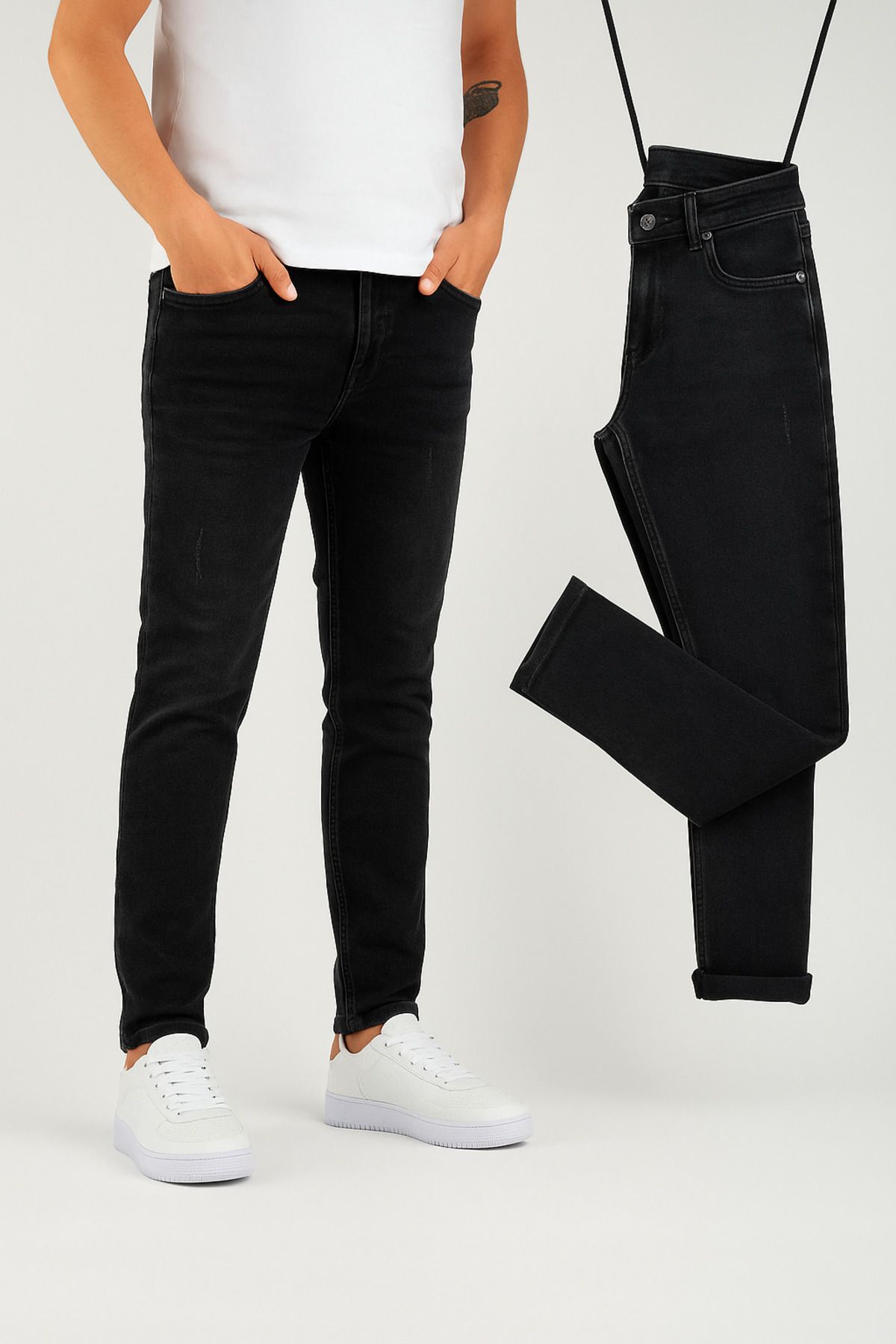 moda biz Erkek Slim Fit Dar Paça Tintli Lazer Kesim Kot Pantolon Füme