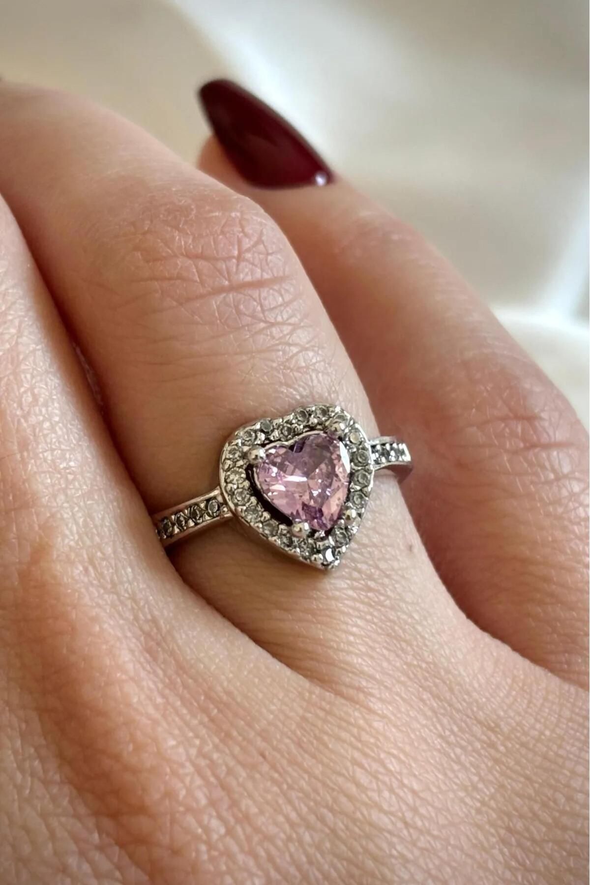 BESMYAR JEWELS Kalp Figürlü Pembe Taşlı Gümüş Renk Kadın Yüzük