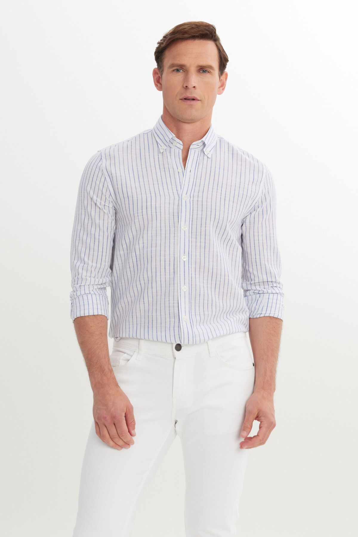 AC&Co / Altınyıldız Classics Erkek Lacivert %100 Pamuk Slim Fit Dar Kesim Düğmeli Gömlek Yaka Armürlü Gömlek